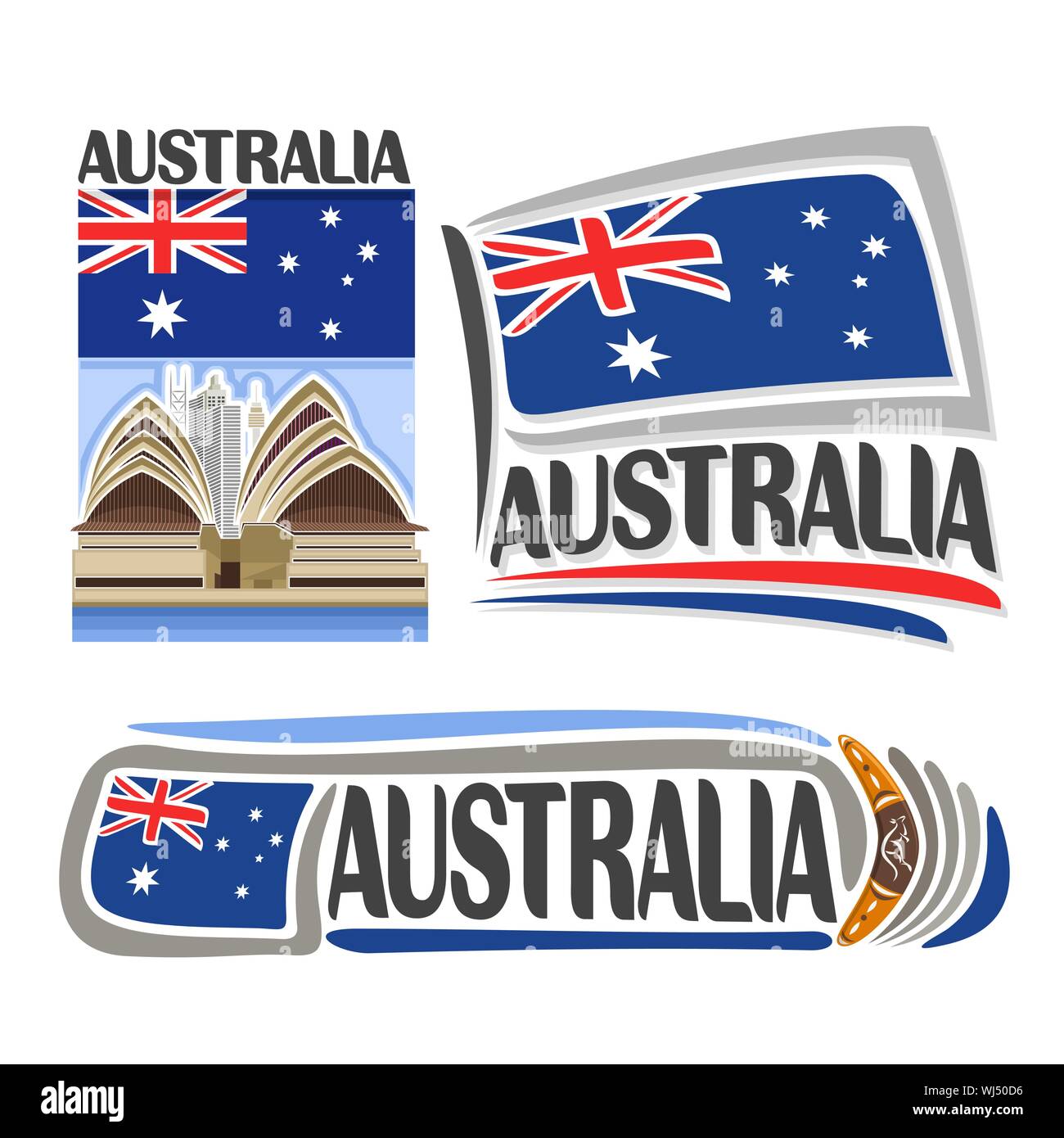 Vector logo for Australia, 3 isolated images: vertical banner with cartoon Sydney opera house on australian national state flag and aboriginal symbol Stock Vector