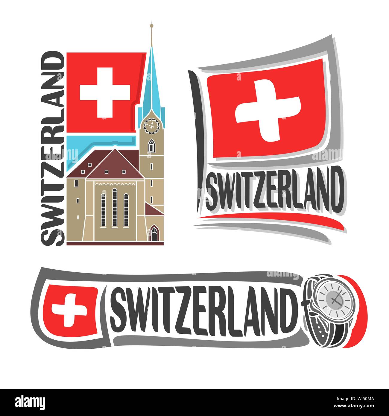 Vector logo for Switzerland, 3 isolated illustrations: Fraumunster Church in Zurich on background of national state flag, symbol of Switzerland archit Stock Vector