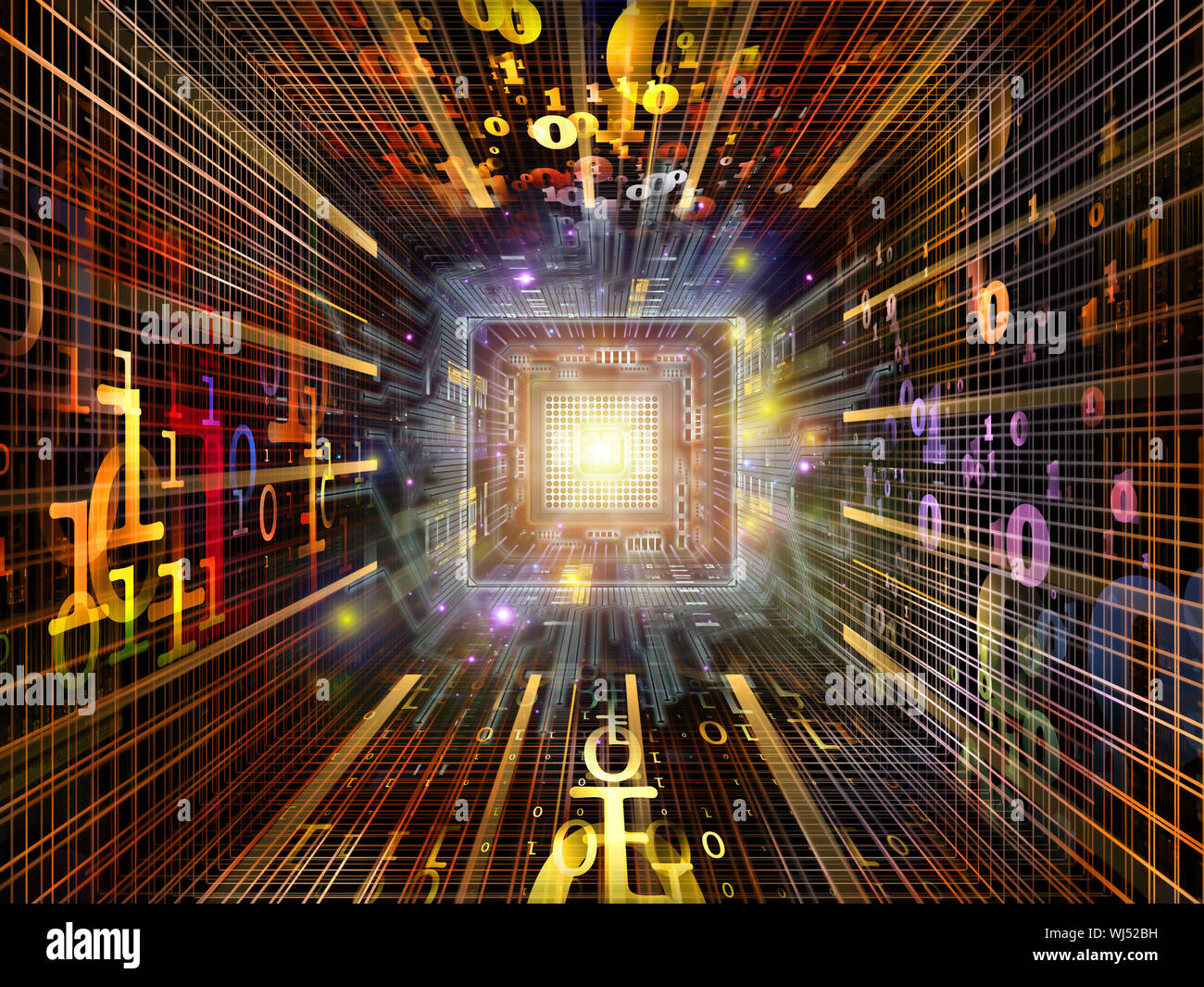 Number Tunnel series. Arrangement of CPU chip, colorful numbers and