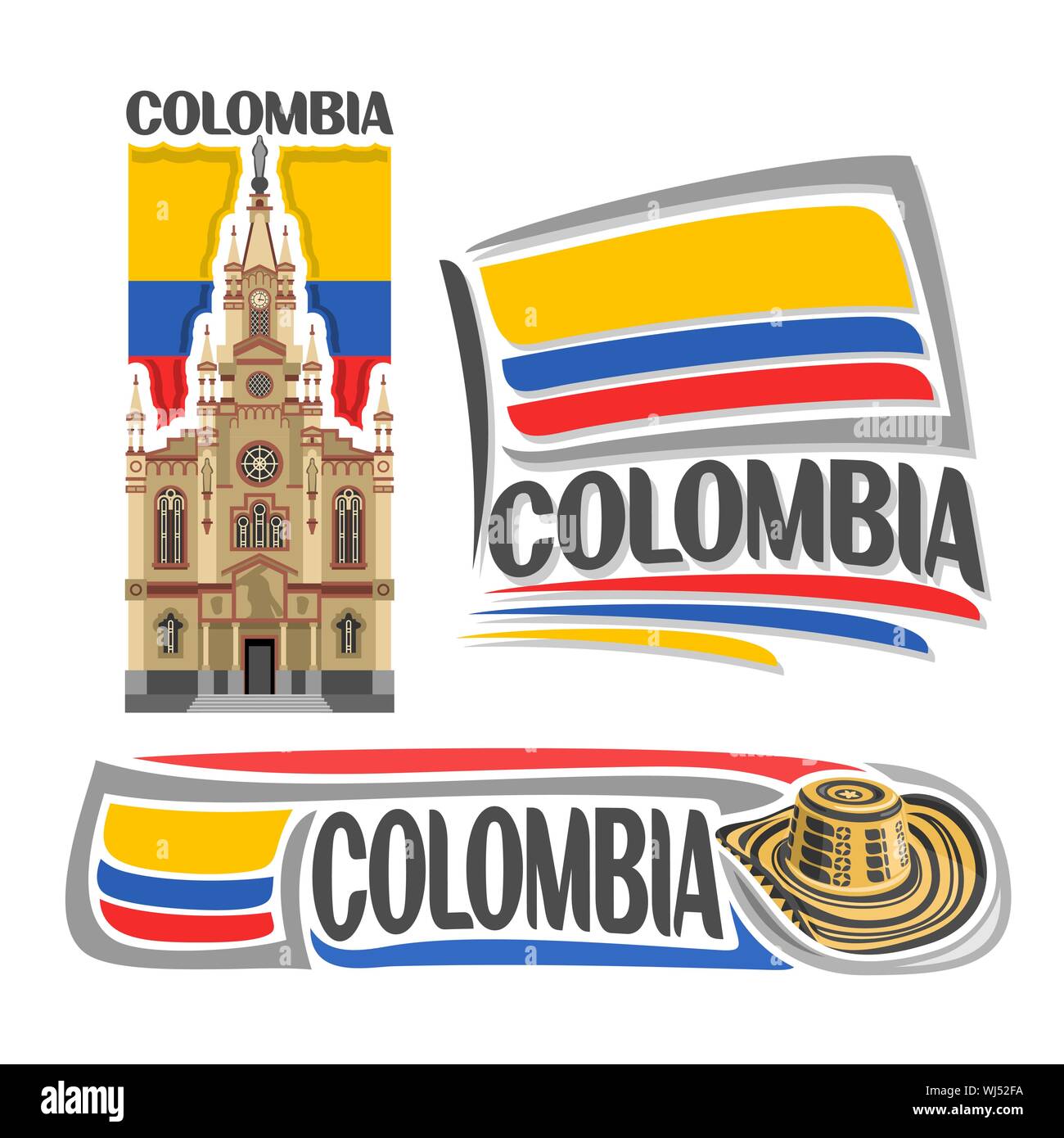 Vector logo for Colombia, 3 isolated images: Jesus Nazareno church in Medellin on background of colombian national state flag and hat sombrero vueltia Stock Vector