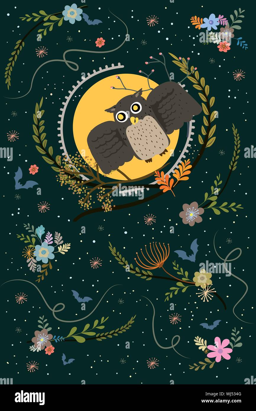 cute Halloween owl in floral frame, halloween poster design. Owl on dark green background and flower pattern. Stock Vector