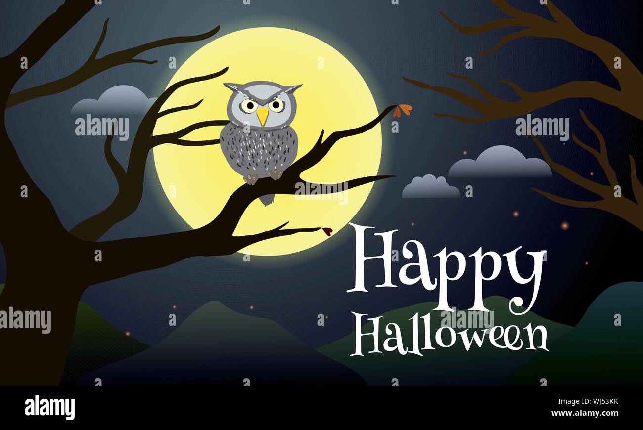 Happy Halloween poster design. Spooky night owl resting on dead tree branch with full moon in the background. Stock Vector