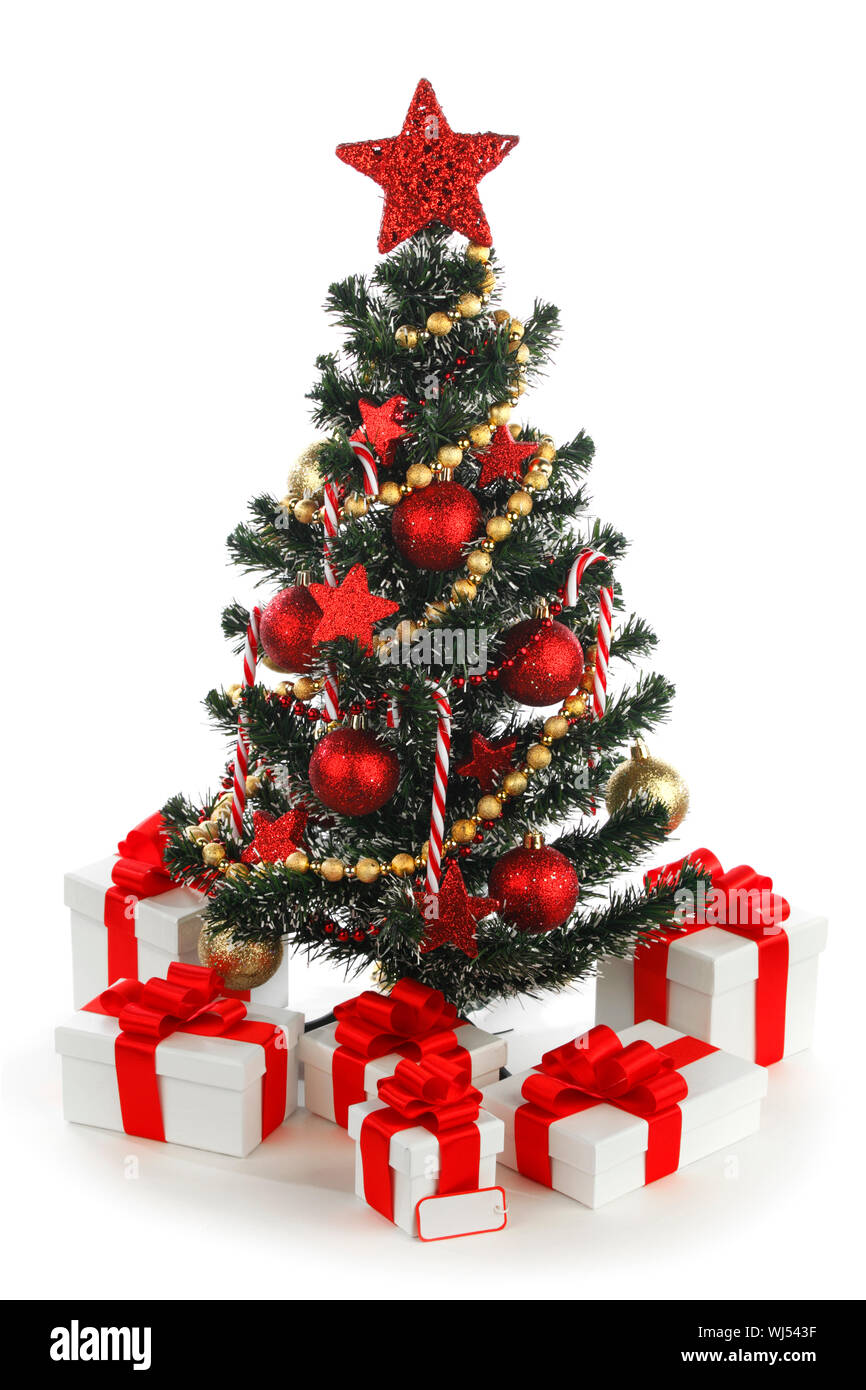 Decorated Christmas tree isolated on white background Stock Photo - Alamy