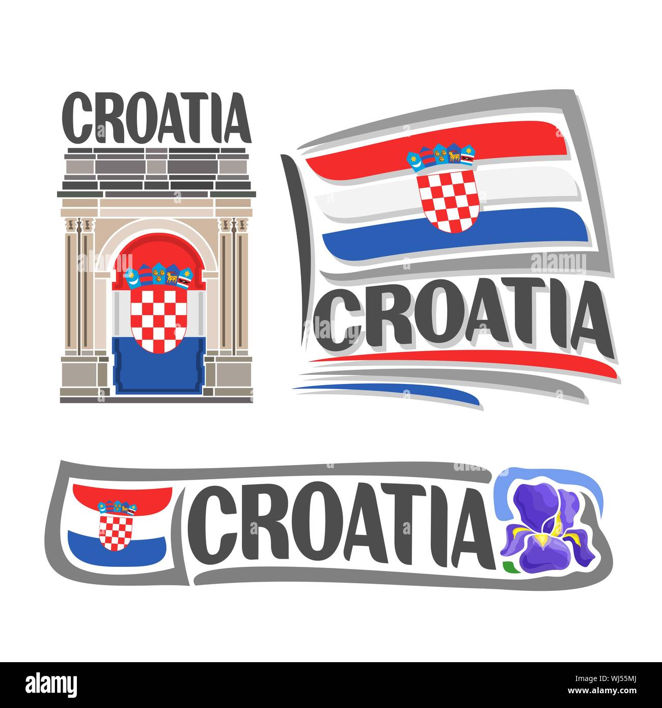 Vector logo for Croatia, 3 isolated illustrations: Triumphal Arch of Sergius on background of national state flag, symbol of Croatia architecture and Stock Vector