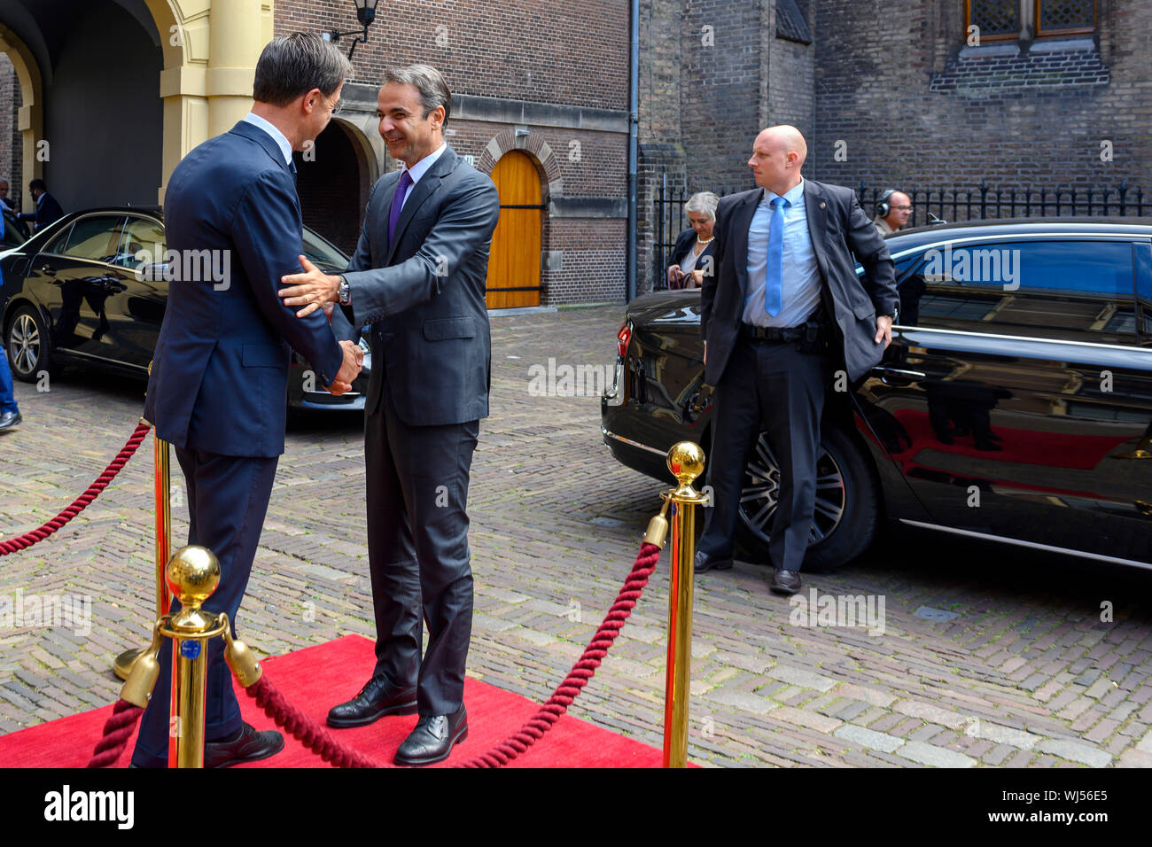The Hague, Netherlands September 3rd, 2019 - Prime Minister Mark Rutte will receive Greek Prime Minister Kyriákos Mitsotákis for an introduction to the Ministry of General Affairs. The two heads of government first meet in the Torentje, followed by a wider delegation meeting during a working lunch in the Statenzaal. The agenda includes bilateral relations between Greece and the Netherlands, the reform program of the new Greek government, migration and current events on the European agenda. After that they have the Press Conference. Stock Photo