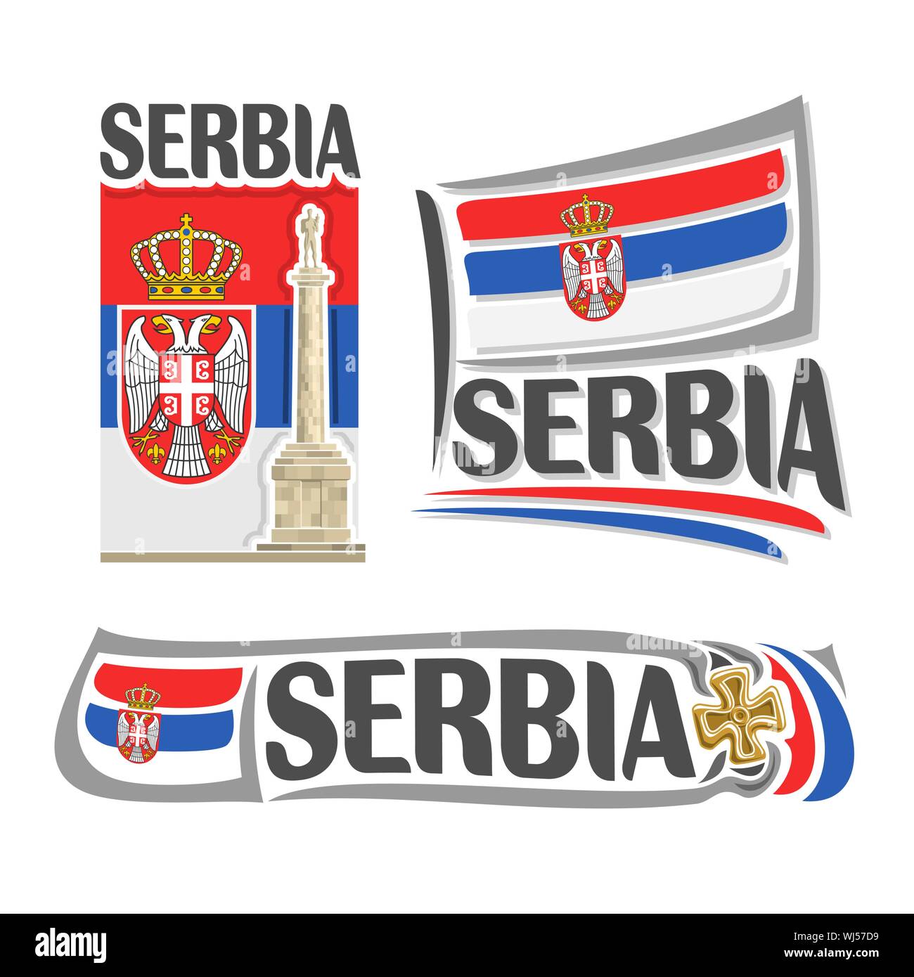Vector logo for Serbia, consisting of 3 isolated illustrations: Statue of Pobednik Victor in Belgrade on background of national state flag, symbol of Stock Vector