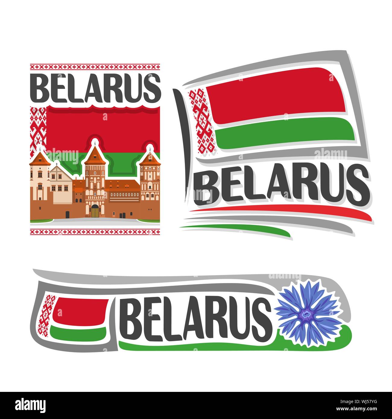 Vector logo for Belarus, 3 isolated illustrations: Nesvizh Castle on background of national state flag, symbol of Republic Belarus architecture and be Stock Vector