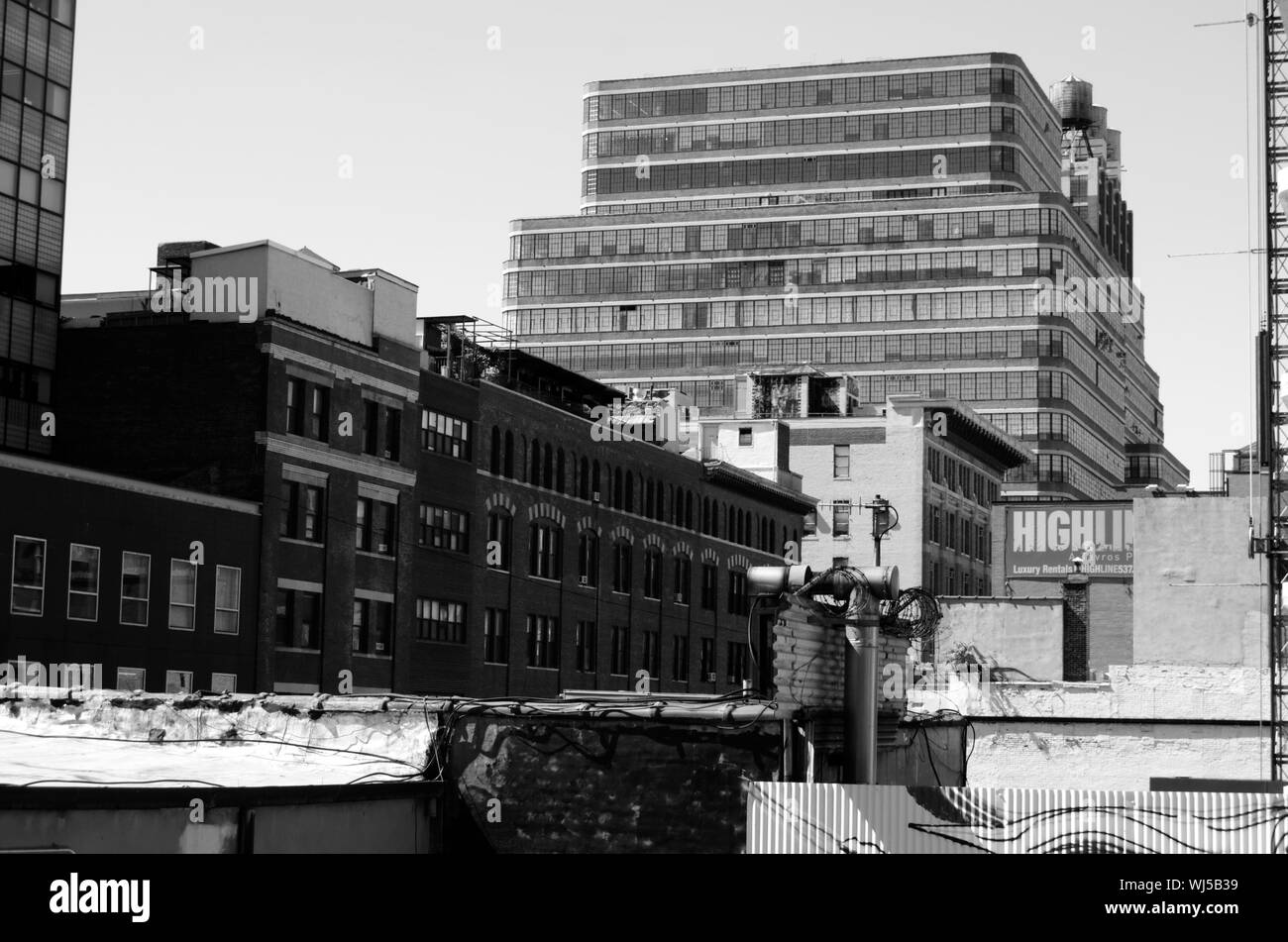 View from the High Line of buildings in Lower Manhattan, New York Stock Photo