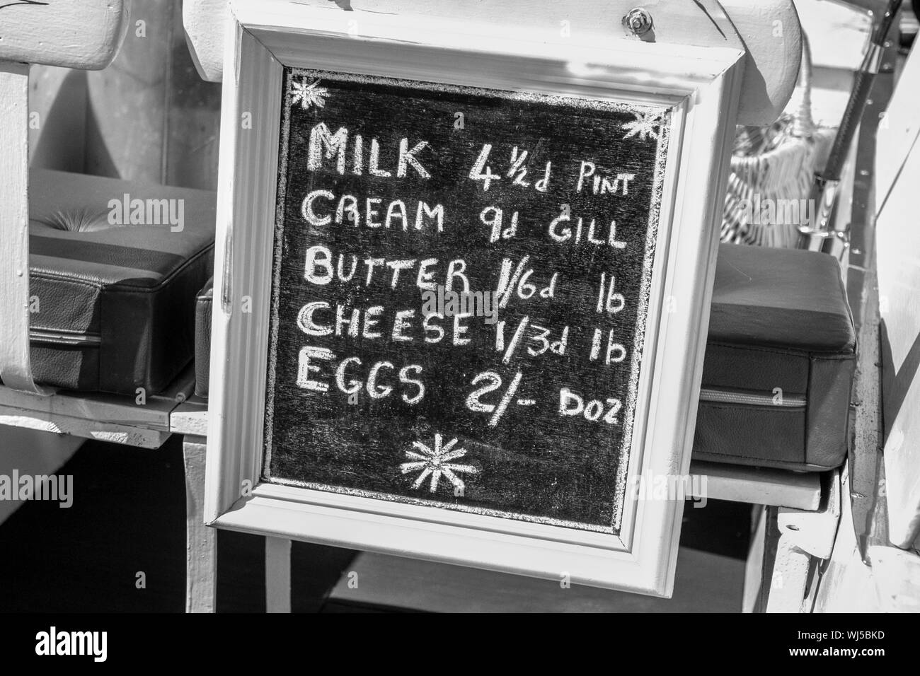 Chipping, Lancashire. Pre-Decimal pricing of Milk, Cream, Butter, Cheese, Eggs Stock Photo