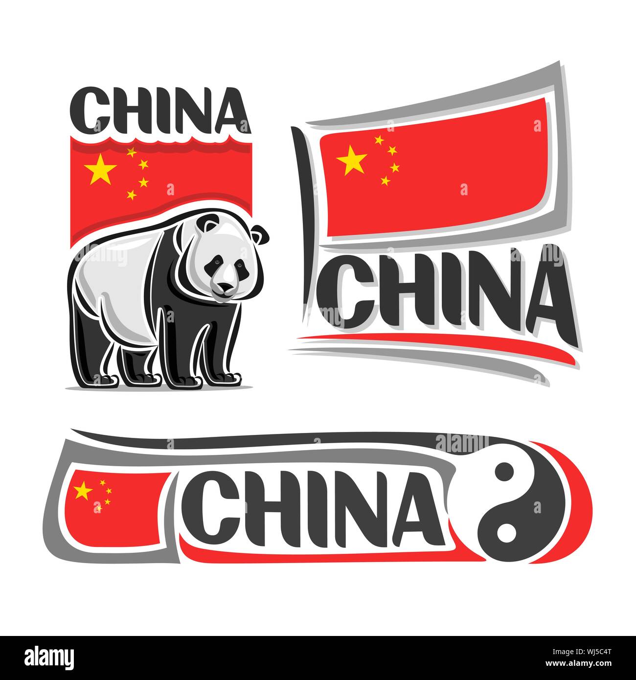 Vector logo for China, 3 isolated images: vertical banner with giant panda bear on background of Chinese national state flag and symbol of ancient chi Stock Vector