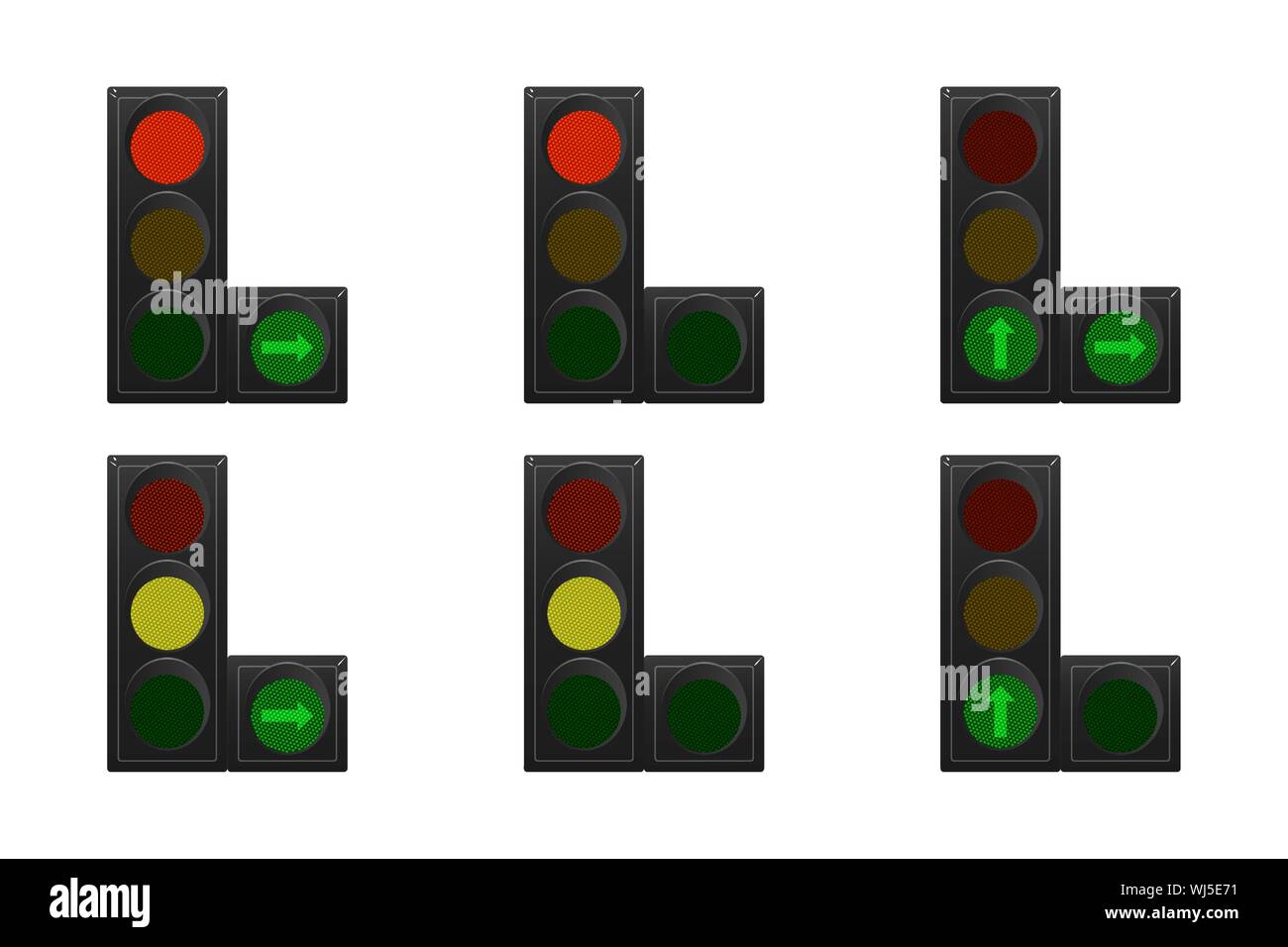 Set of traffic lights. Red, yellow and green. Arrow straight, turn