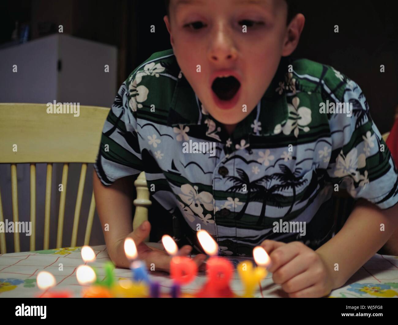 Boy Blowing Birthday Candles Stock Photo Alamy