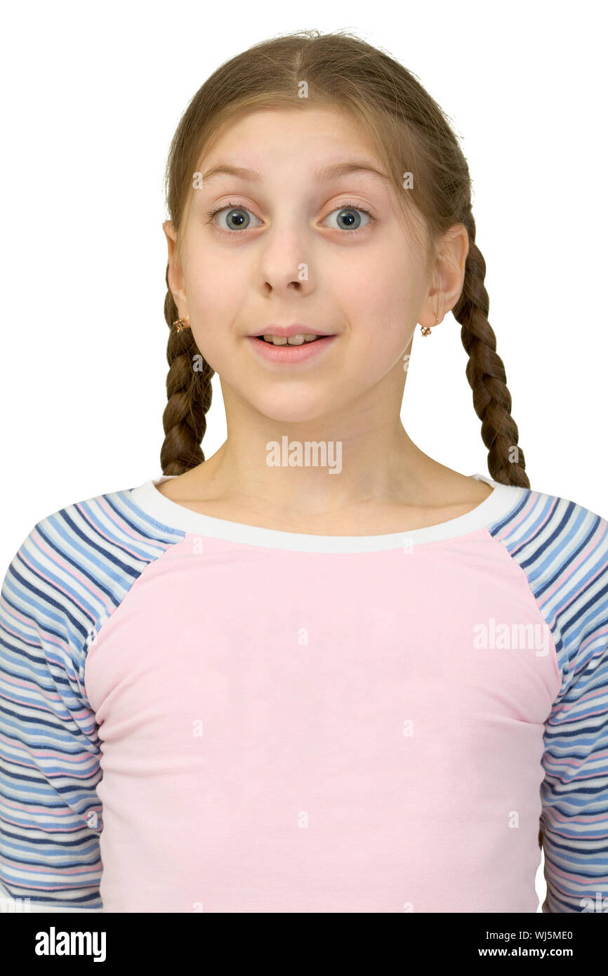 Portrait emotional girl on the white background Stock Photo - Alamy