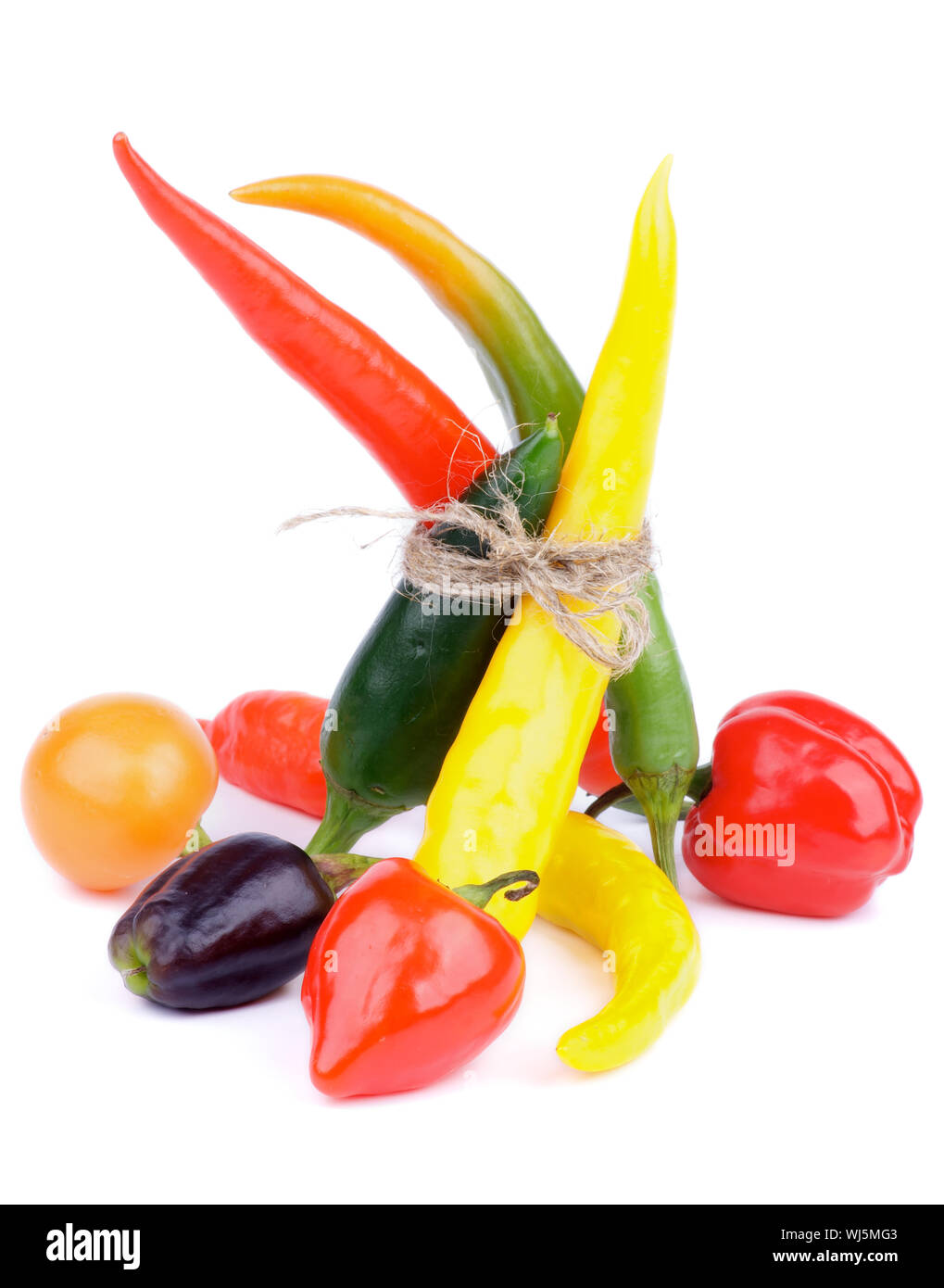 Bunch Of Various Chili Peppers With Rawit Fresno Orange And Red Habanero Green Jalapeno Red And Black Santa Fee And Dutch Chili Isolated On White Stock Photo Alamy<script async src=