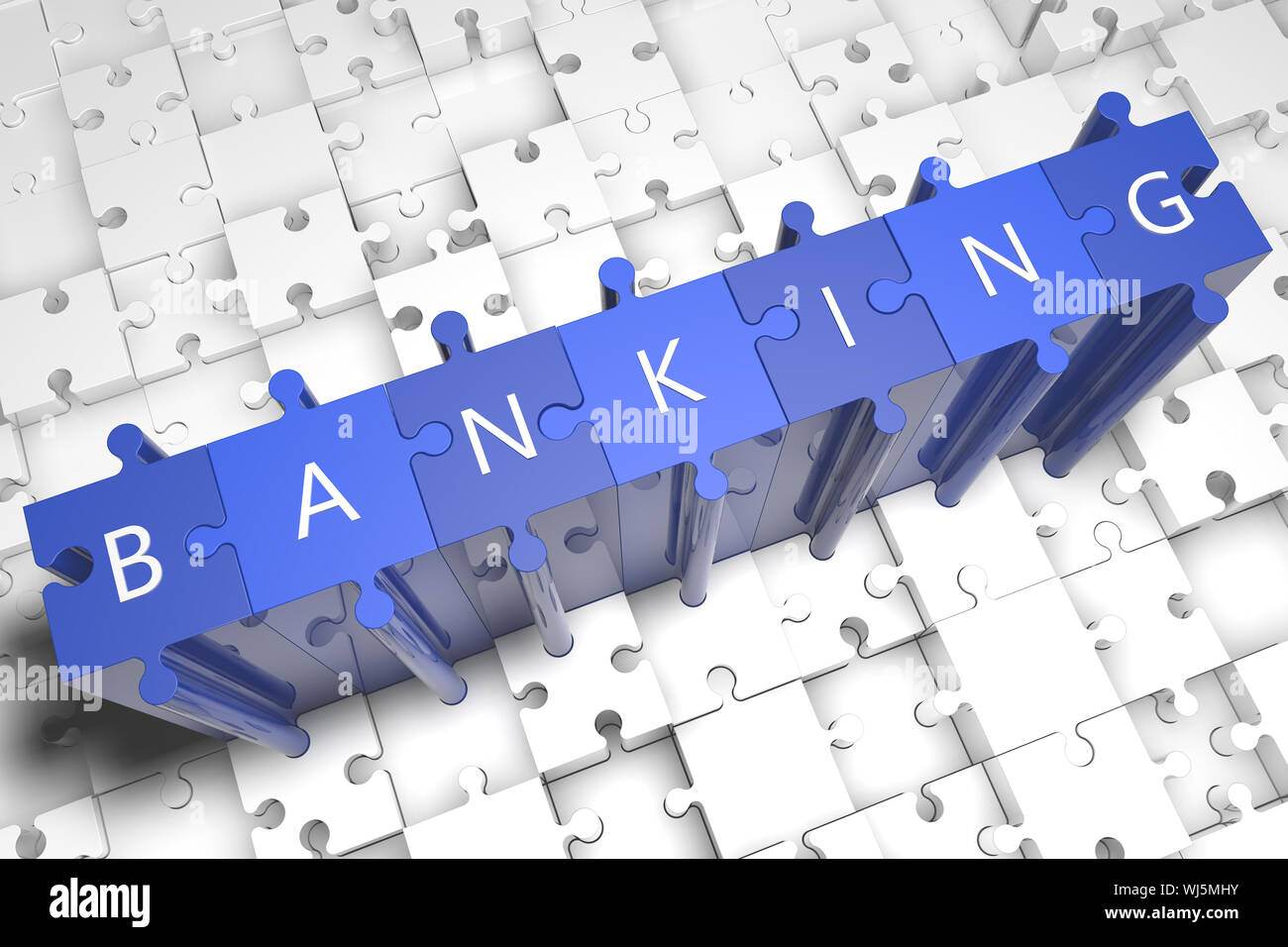 Banking puzzle 3d render illustration with block letters on blue