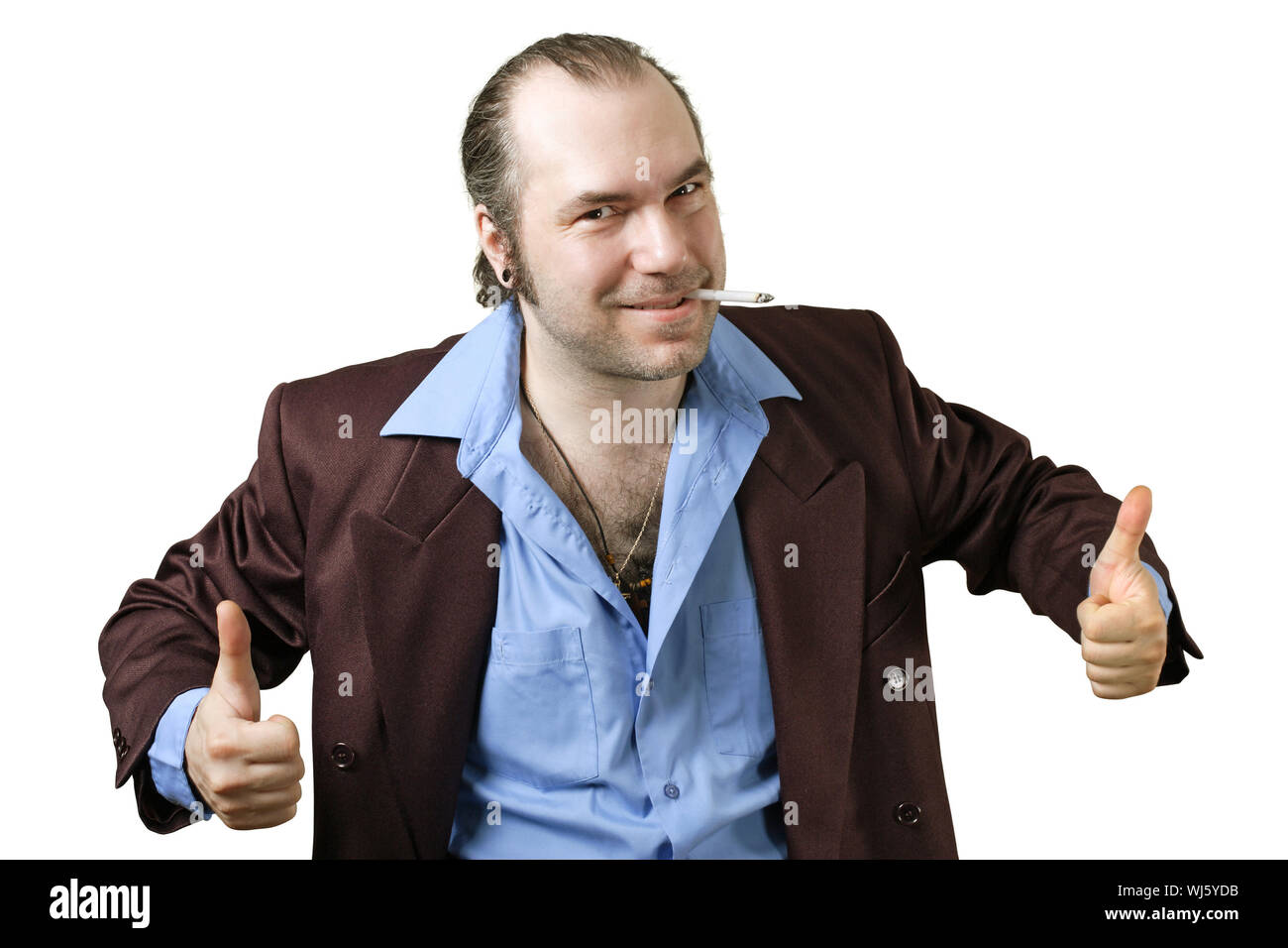 A sleazy car salesman, Con man, retro suit wearing man with happy face and  doing the two thumbs up sign Stock Photo - Alamy