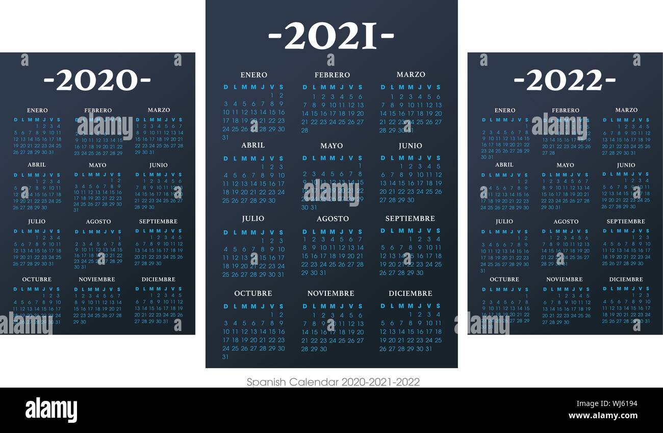 Spanish calendar 2010-2021-2022 vector template text is outline font Avant-Garde and Athelas Stock Vector