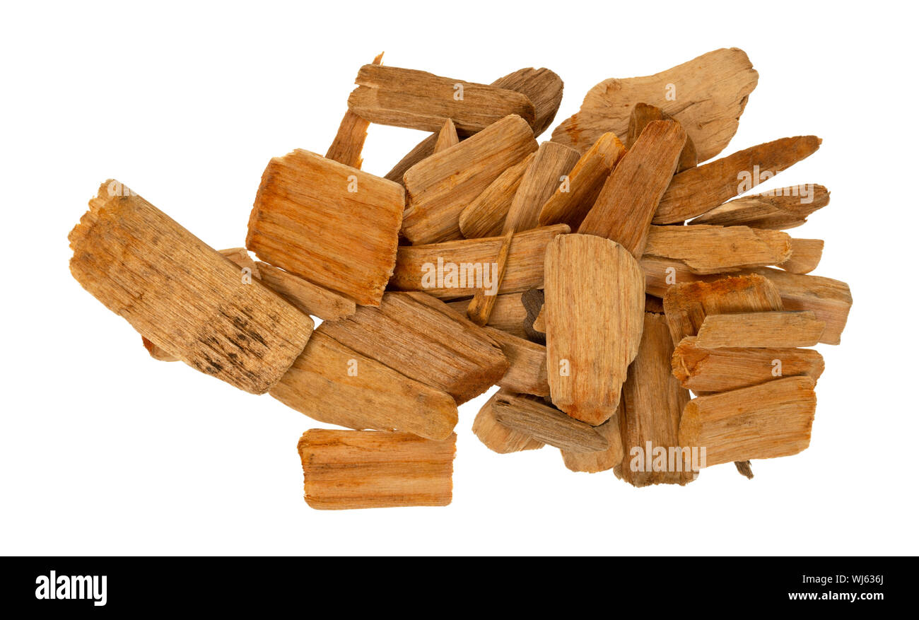 Top view of a group of alder wood smoking chips for barbecuing isolated on a white background. Stock Photo