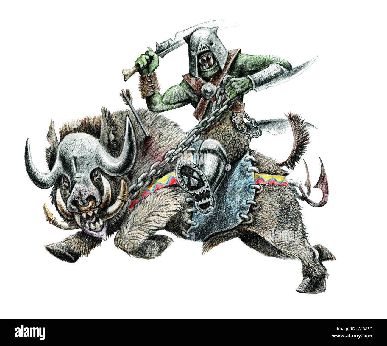 Orc on the boar. Fantasy pencil drawing. Monster creature illustration. Stock Photo