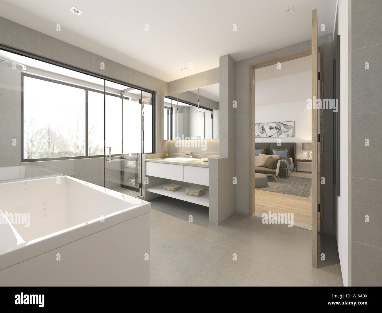 3d render. Modern bathroom interior Stock Photo Alamy