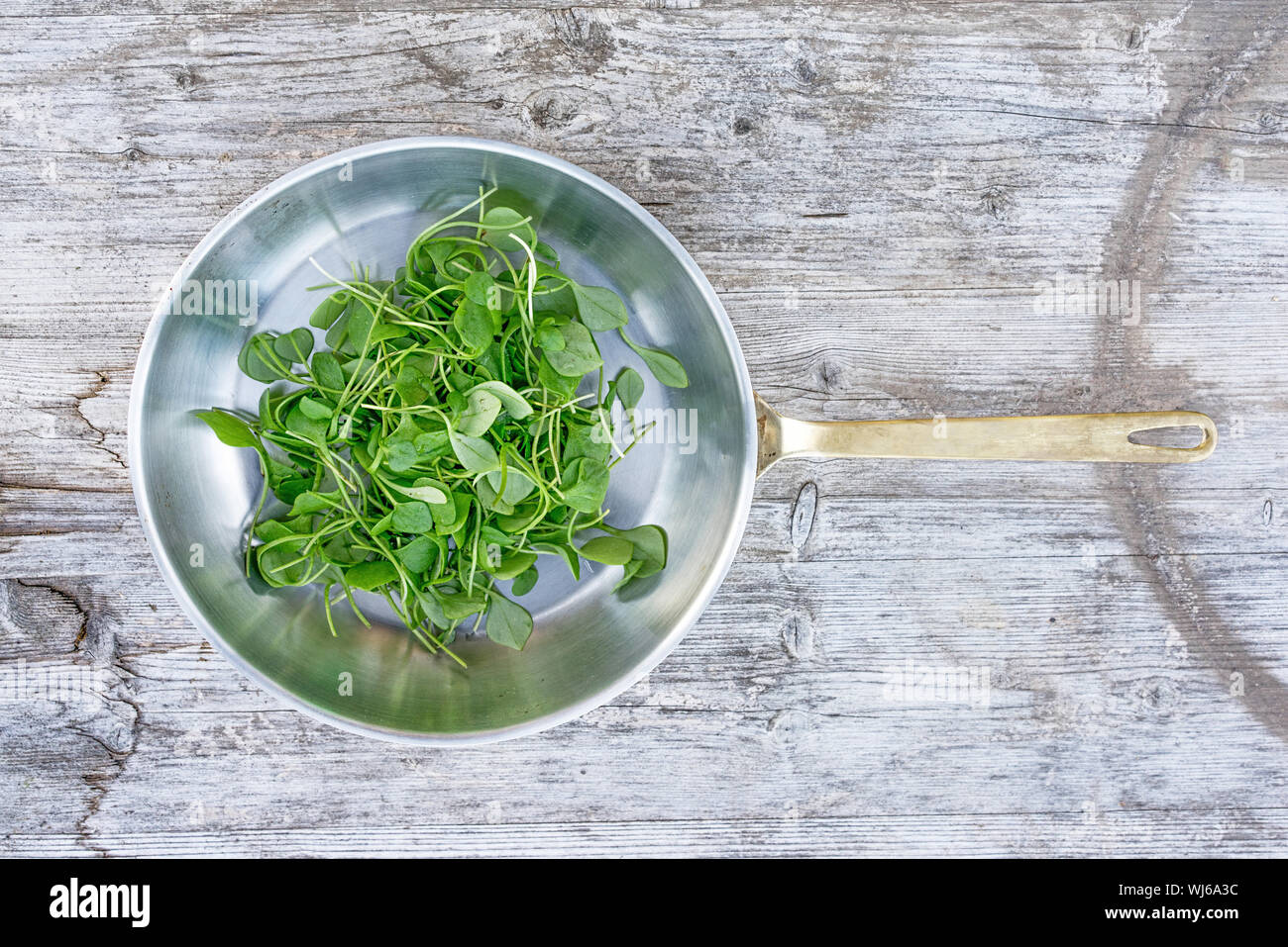 Directly Above Shot Of Miners Lettuce In Pan On Wooden Table Stock Photo