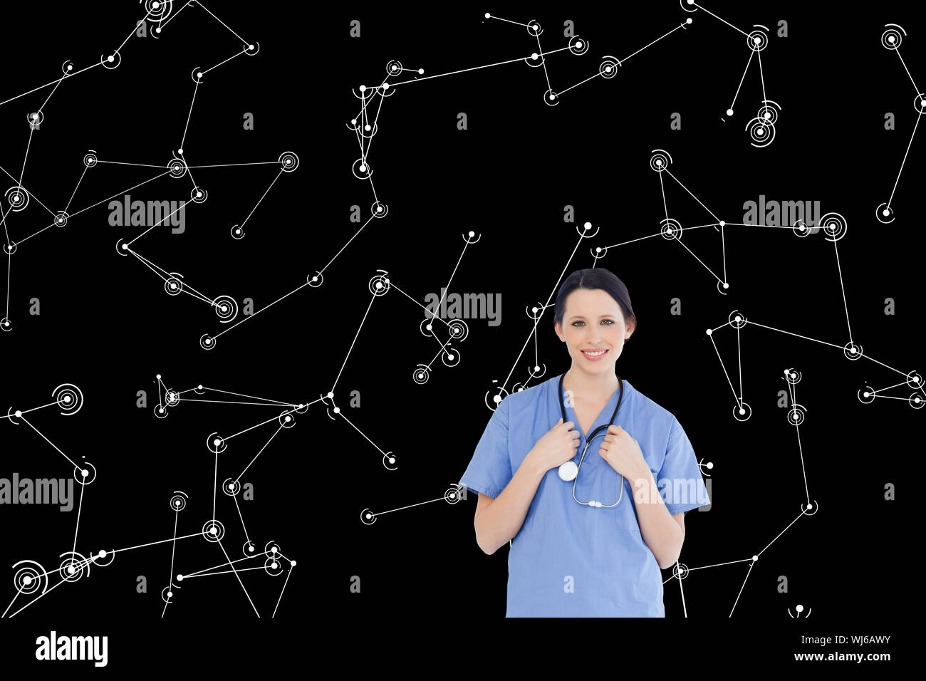 Composite image of young and confident medical intern wearing a blue short-sleeve uniform Stock Photo