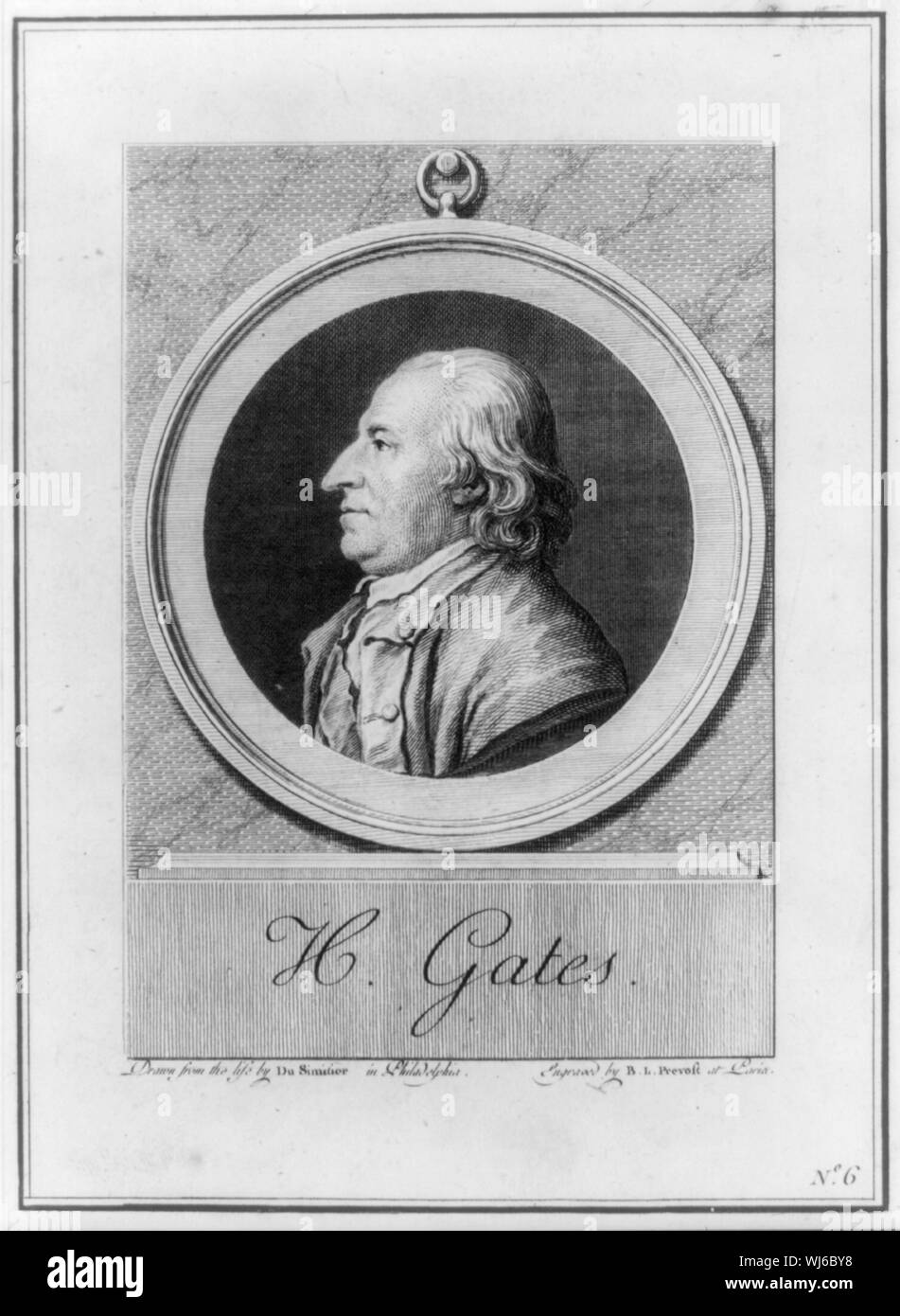 H. Gates Abstract: Horatio Gates, head-and-shoulders portrait, left profile, in medallion. Stock Photo