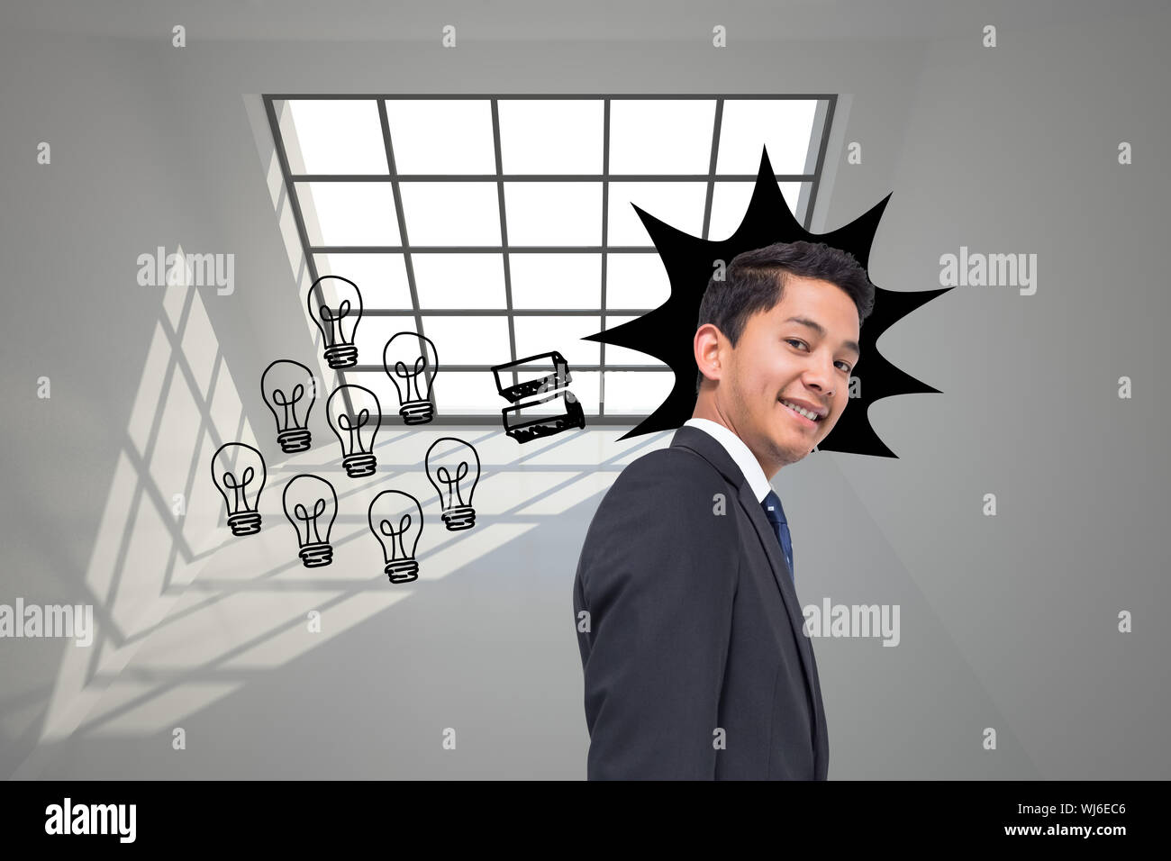Composite image of graphic with light bulbs on grey background Stock Photo