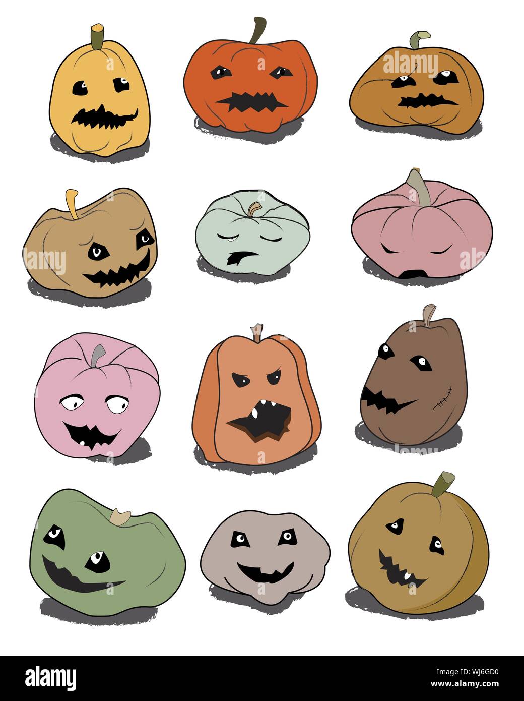 Funny Halloween pumpkins set. Vector graphic illustration. Stock Vector