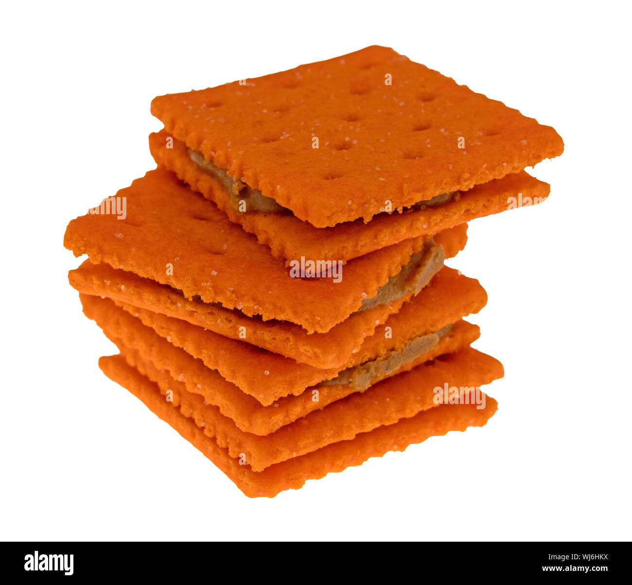 Side view of a stack of cheese flavored peanut butter sandwich crackers