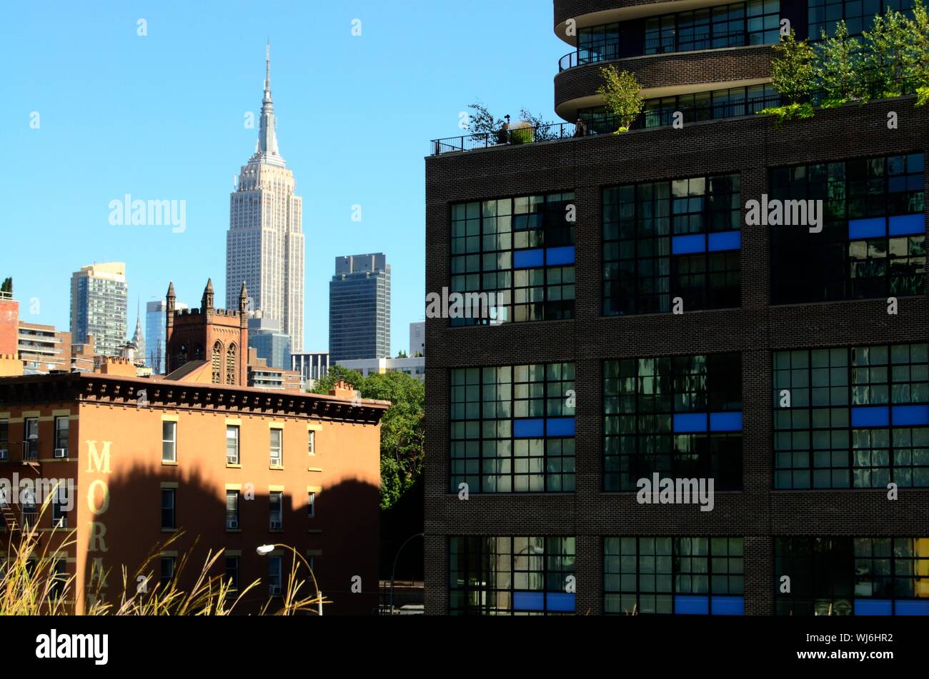 View from the High Line of buildings in Lower Manhattan, New York Stock Photo
