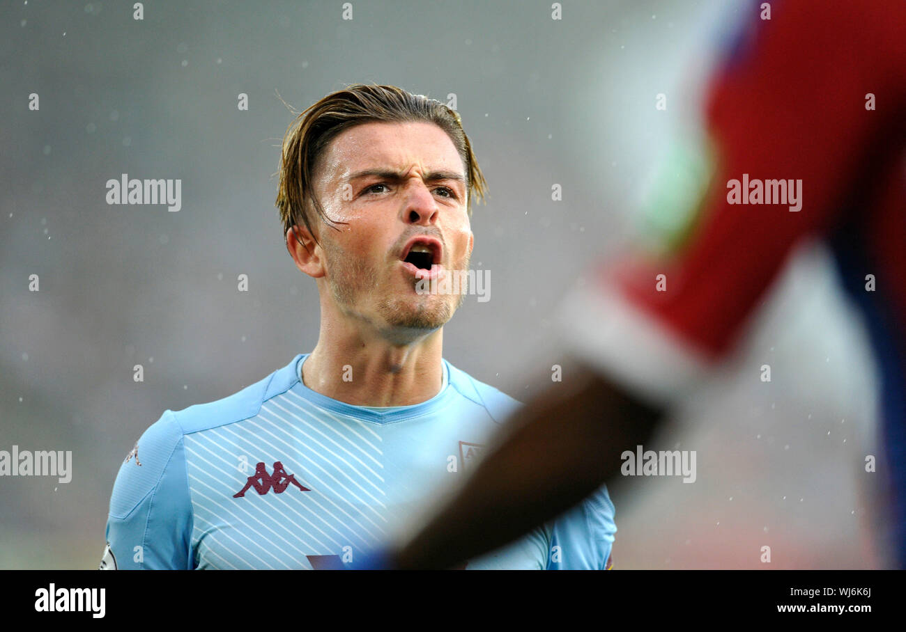 Jack Grealish of Aston Villa shows his frustration during the Premier League match between Crystal Palace and Aston Villa at Selhurst Park , London , 31 August 2019 - Editorial use only. No merchandising. For Football images FA and Premier League restrictions apply inc. no internet/mobile usage without FAPL license - for details contact Football Dataco Stock Photo