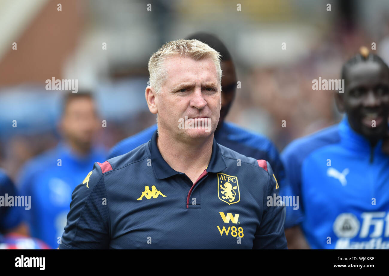 Aston Villa manager Dean Smith during the Premier League match between Crystal Palace and Aston Villa at Selhurst Park , London , 31 August 2019  Editorial use only. No merchandising. For Football images FA and Premier League restrictions apply inc. no internet/mobile usage without FAPL license - for details contact Football Dataco Stock Photo