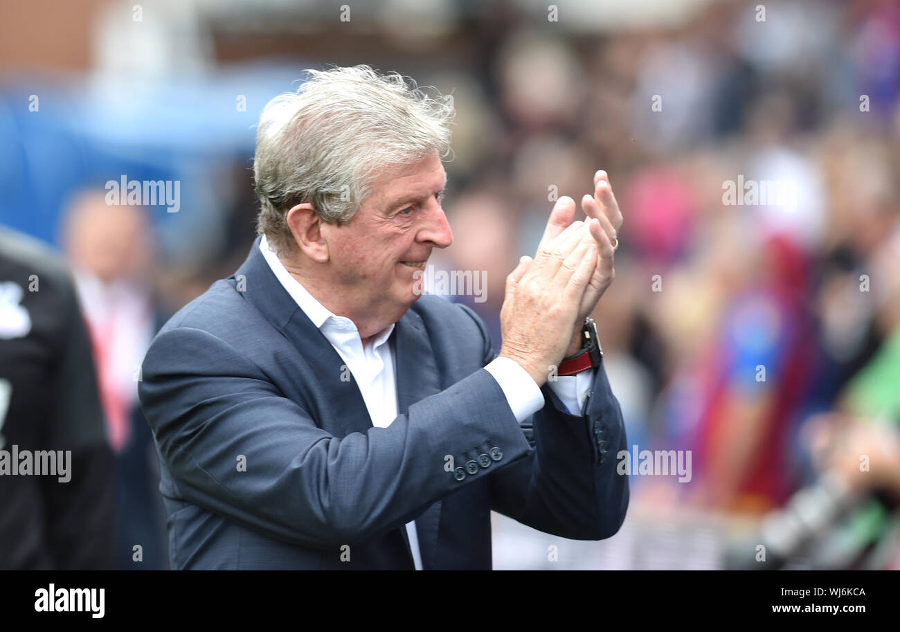 Crystal Palace manager Roy Hodgson during the Premier League match between Crystal Palace and Aston Villa at Selhurst Park , London , 31 August 2019  Editorial use only. No merchandising. For Football images FA and Premier League restrictions apply inc. no internet/mobile usage without FAPL license - for details contact Football Dataco Stock Photo