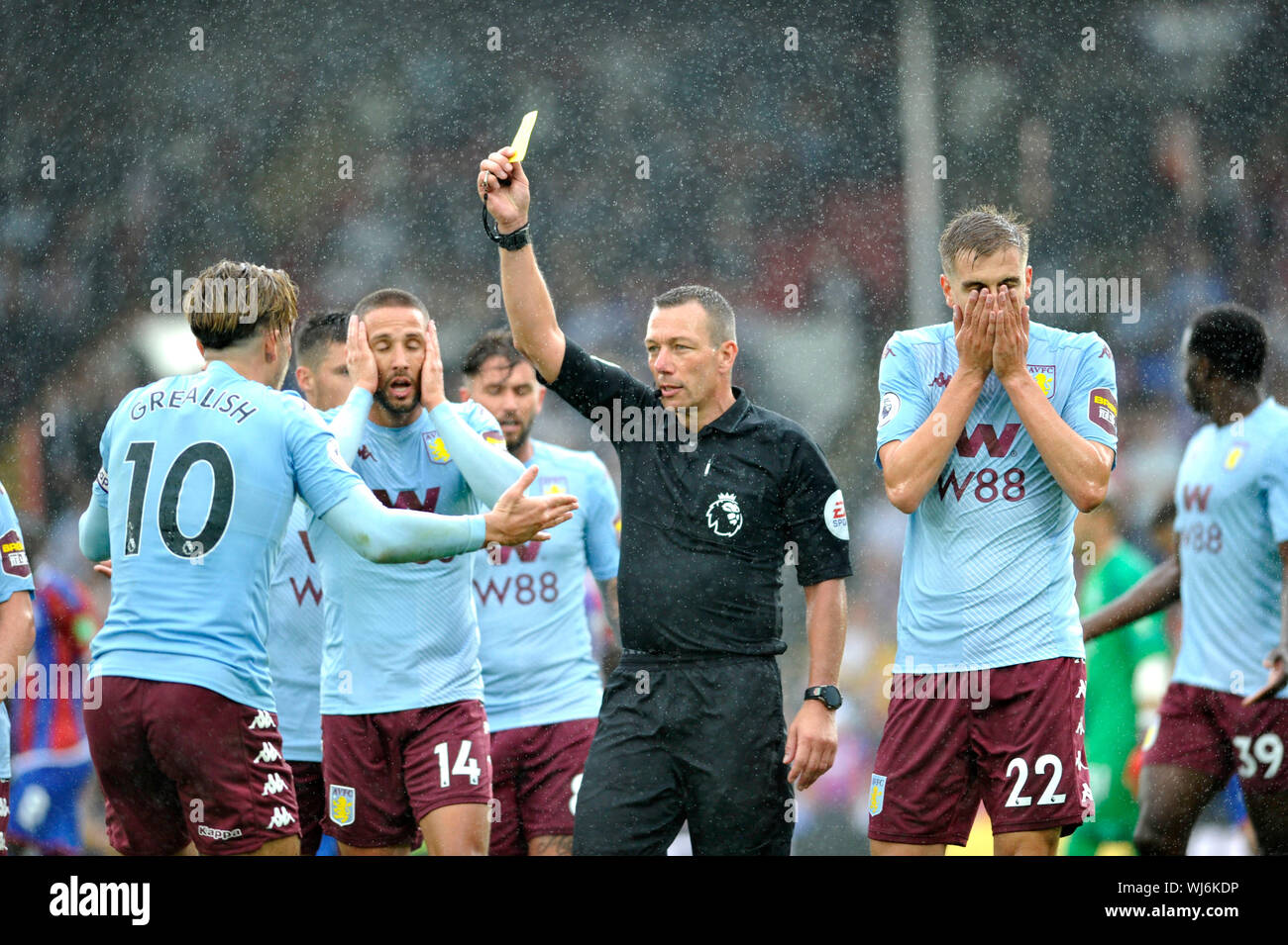 Jack Grealish of Aston Villa gets a yellow card from referee Kevin Friend during the Premier League match between Crystal Palace and Aston Villa at Selhurst Park , London , 31 August 2019 Editorial use only. No merchandising. For Football images FA and Premier League restrictions apply inc. no internet/mobile usage without FAPL license - for details contact Football Dataco Stock Photo
