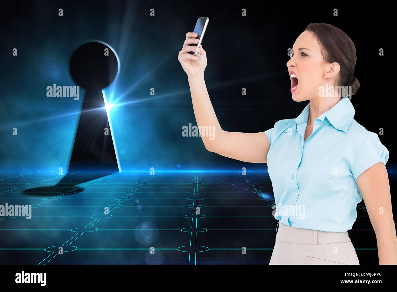 Composite image of angry classy businesswoman yelling at her smartphone Stock Photo