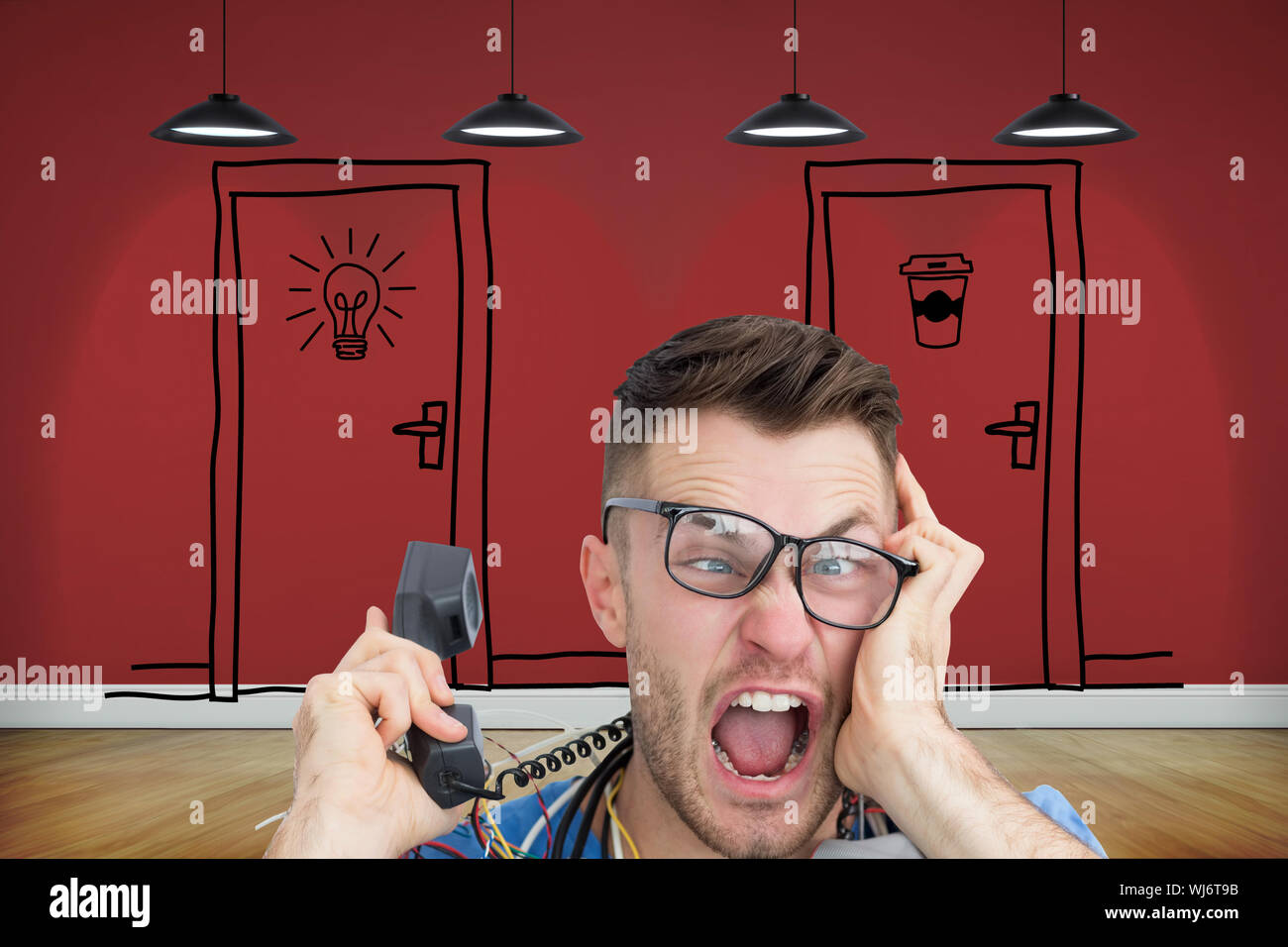 Composite image of portrait of frustrated computer engineer screaming ...