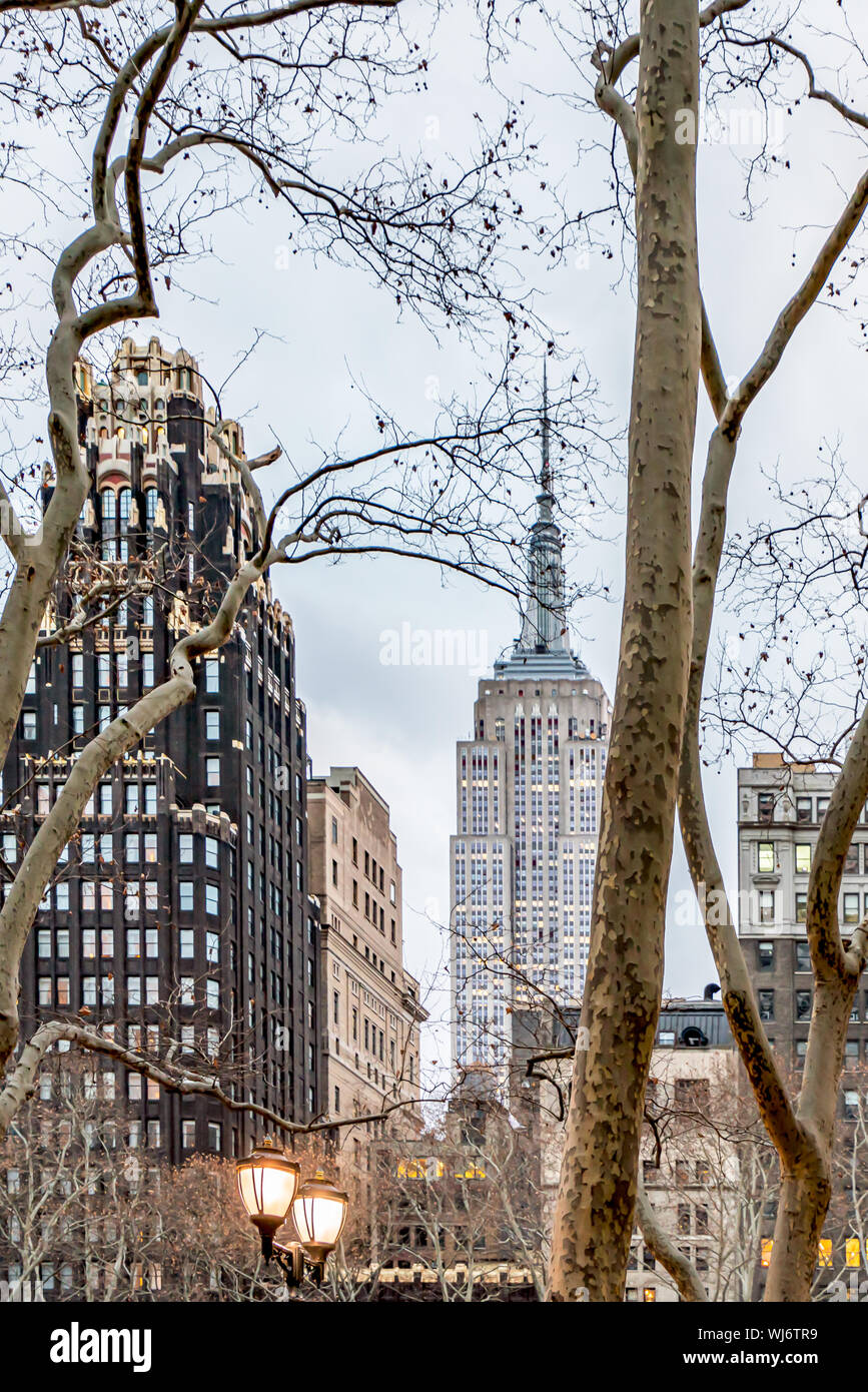 New York City, NY, USA - December, 2018 - Streets of Manhattan, Skyline view from Bryant Park, located between Fifth Avenue and Avenue of the Americas Stock Photo