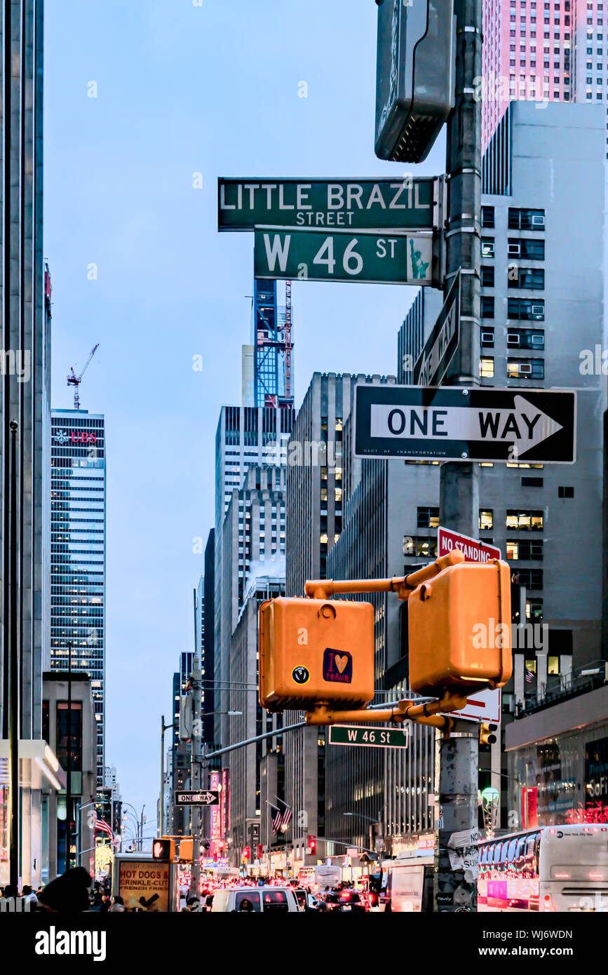 New York City, NY, USA - December, 2018 - Little Brazil, neighborhood with Brazilian commercial enterprises and restaurants, at West 46th Street betwe Stock Photo