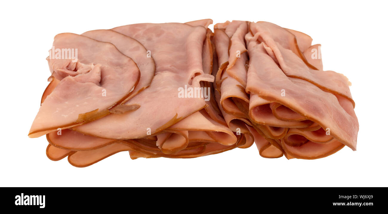 Side view of thin sliced ham isolated on a white background. Stock Photo