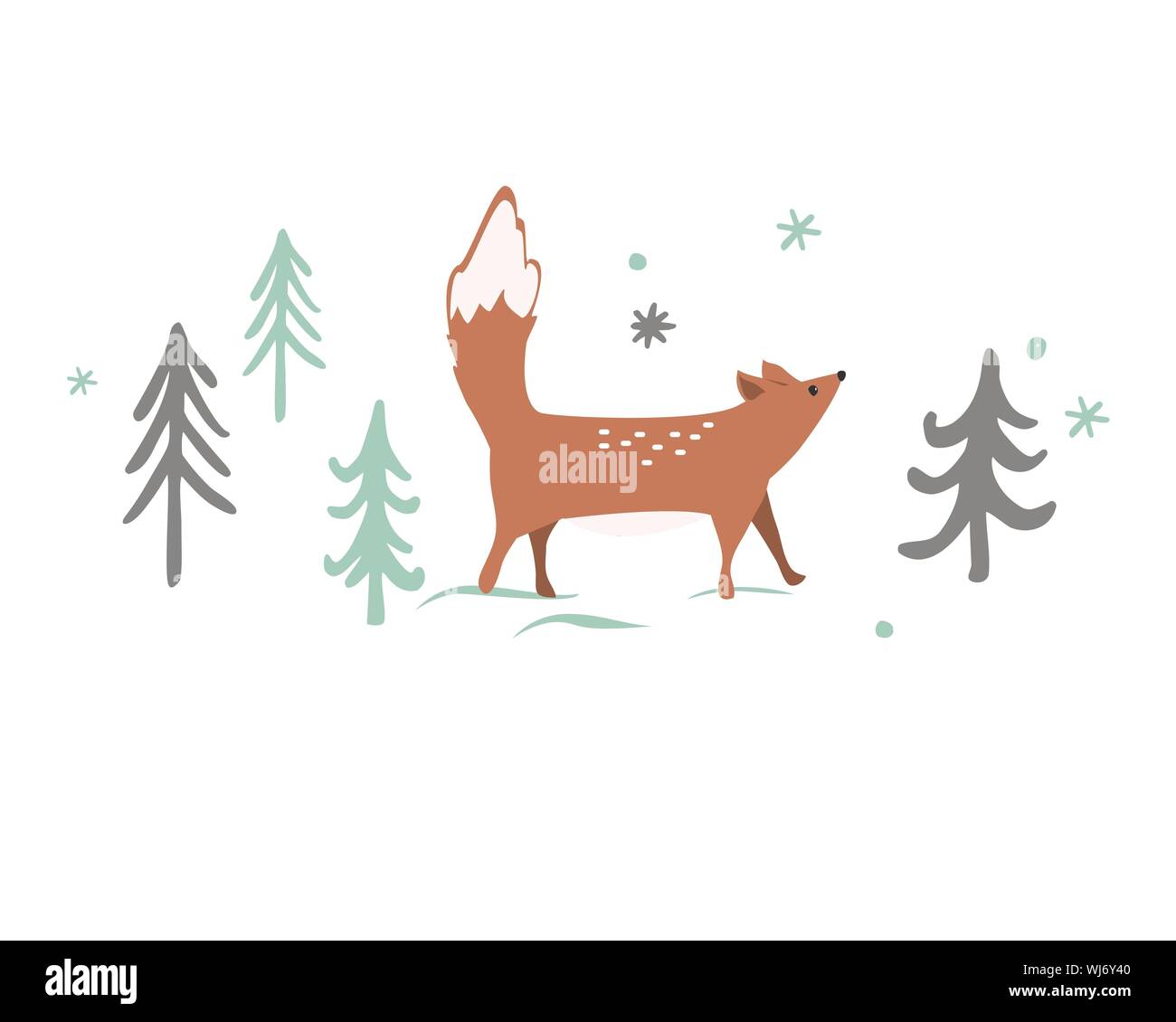 Christmas card background with Winter forest background. Cute fox, trees and snowflaces. Vector illustration Stock Vector