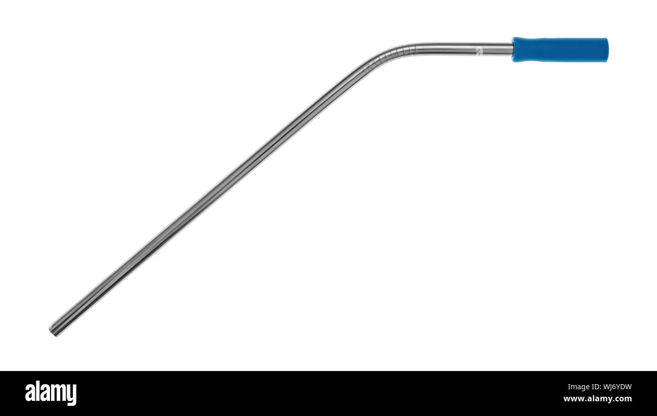 Bent stainless steel metal straw with a blue silicone straw tip