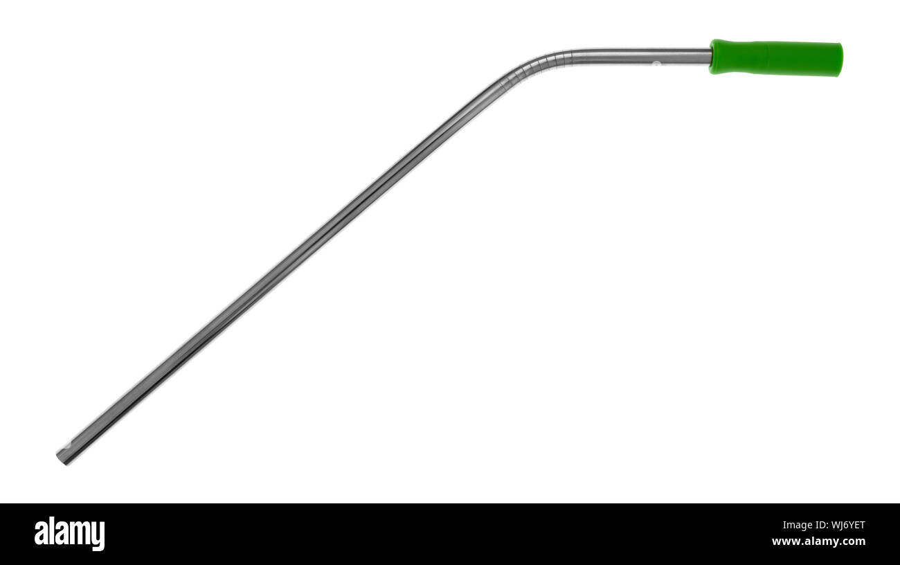 Bent stainless steel metal straw with a blue silicone straw tip