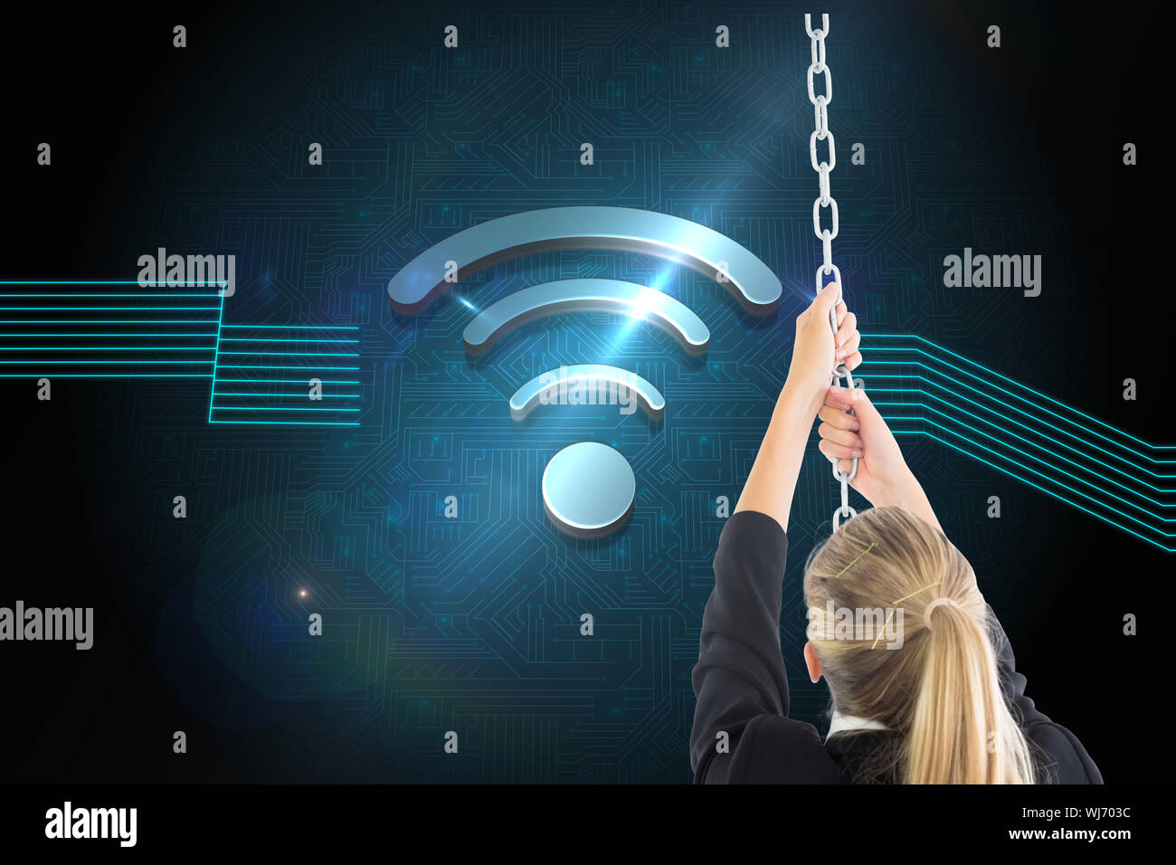 Composite image of blonde businesswoman pulling a chain Stock Photo - Alamy