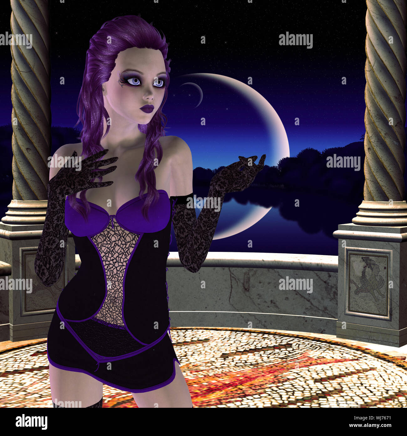 Illustration of a 3d vampire girl on balcony at night time Stock Photo -  Alamy