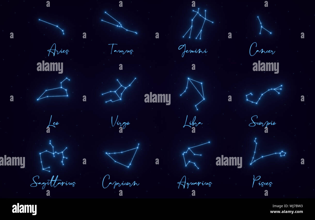 All Zodiac Constellation Signs With Names And Stars On The Background - 3D  Illustration Stock Photo - Alamy