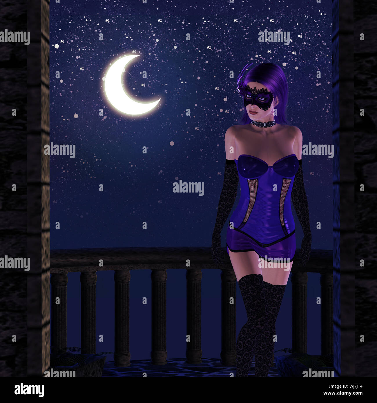 Illustration of a 3d vampire girl on balcony at night time Stock Photo -  Alamy