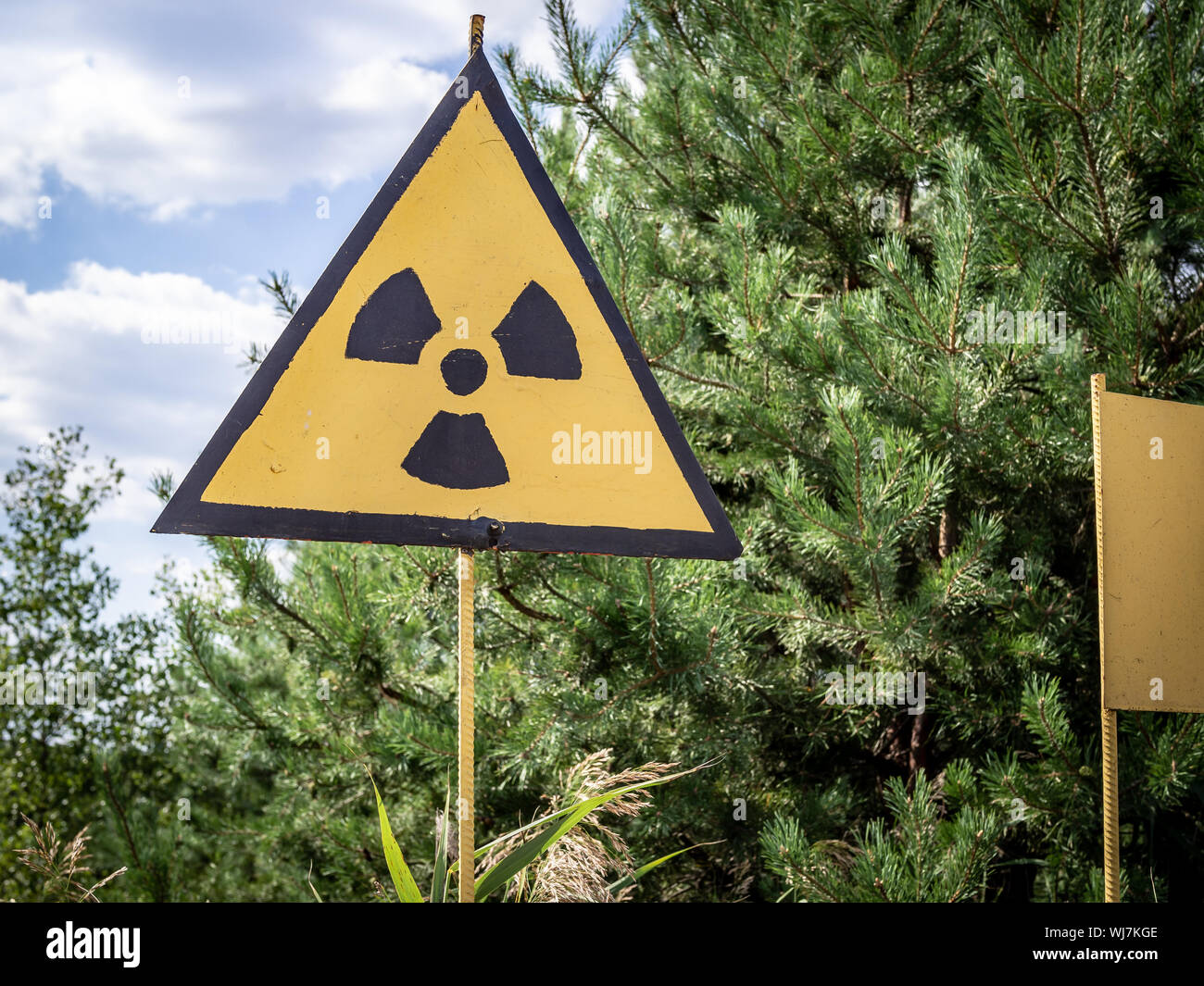 Ionizing radiation sign in Pripyat, Chernobyl Exclusion Zone, Ukraine Stock Photo