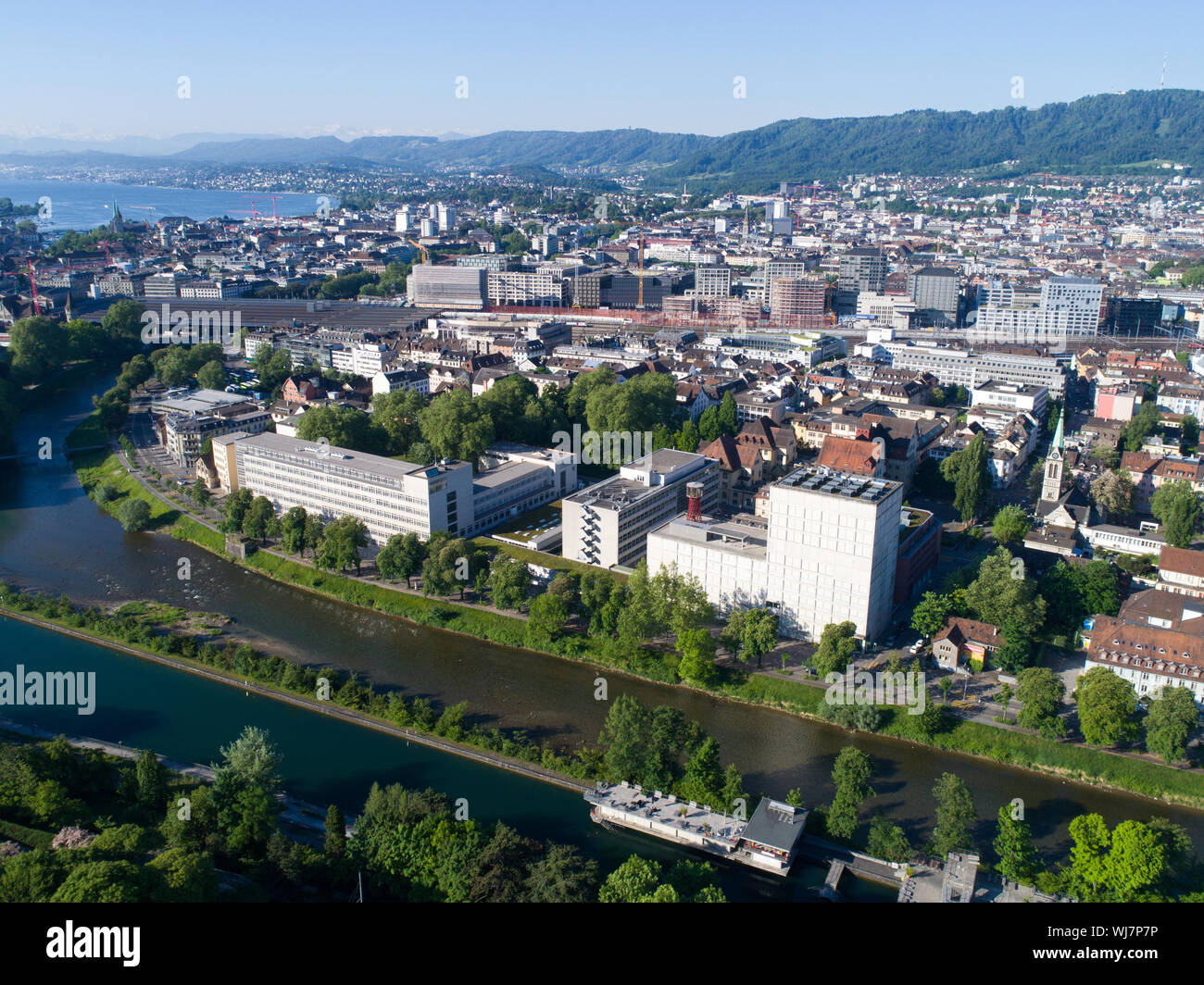 Aerial view Zurich Kreis 5 with main station Stock Photo