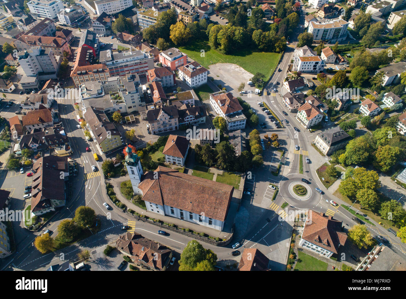 Wohlen church St. Leonhard aerial view Stock Photo